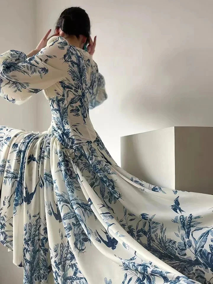 Floral Beaded High Waist A-Line Vintage Party Dress with Lantern Sleeves - Elegant Women's Fashion for Beach Holidays, Cocktail Parties & Special Occasions