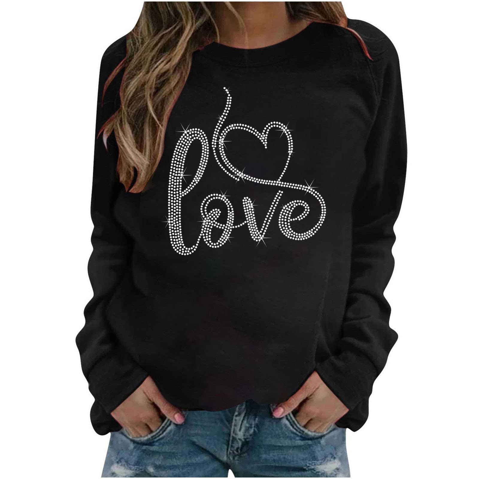 Women's Long Sleeve Crewneck Pullover Sweatshirt - Loose Fit Casual Blouse with Heart Rhinestone Design | Perfect for Fall Fashion, Date Nights & Cozy Outings