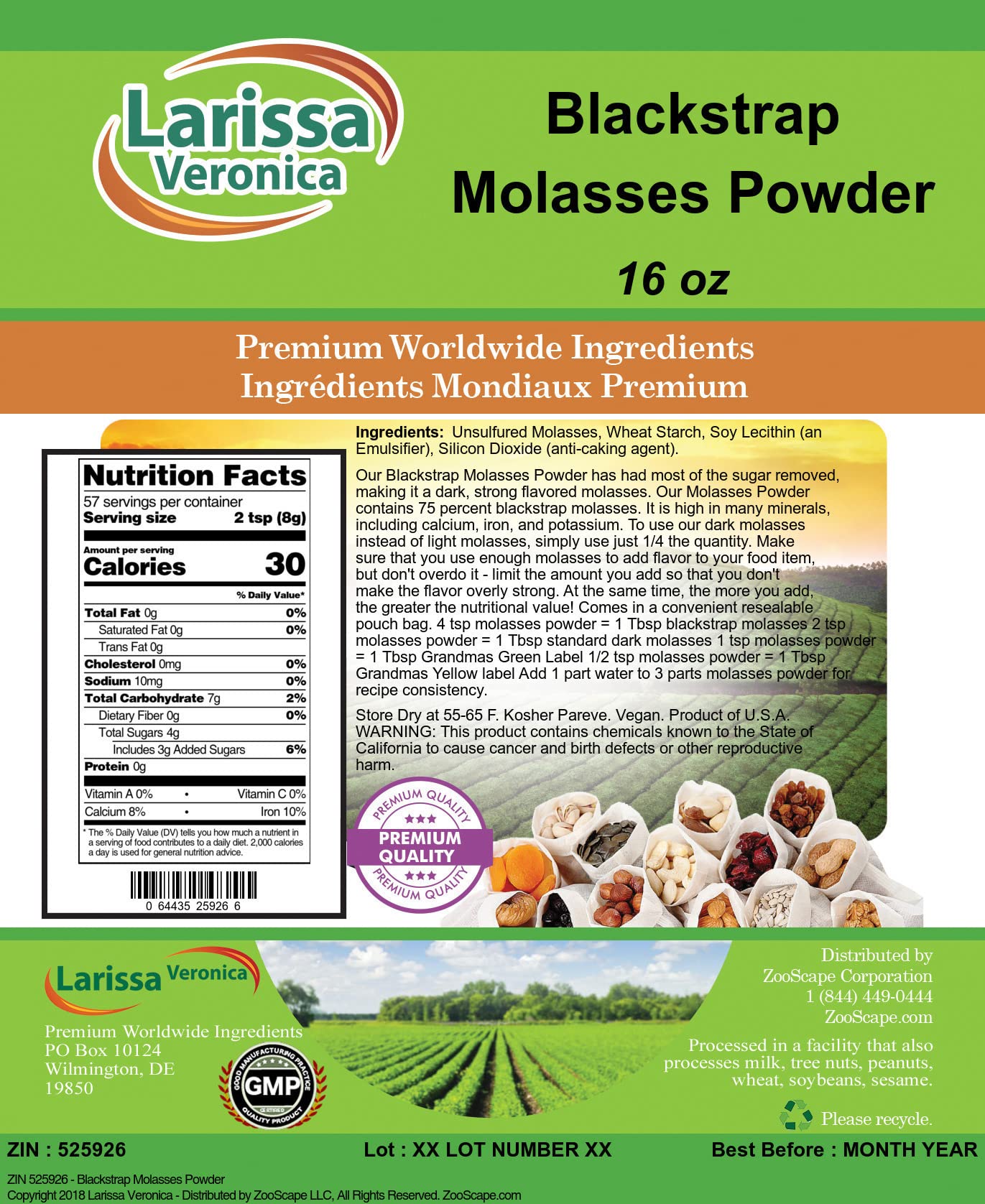 Organic Blackstrap Molasses Powder - 16oz (454g) Unsulphured, Rich in Iron & Calcium - Natural Sweetener for Baking, Smoothies & Health Drinks - Vegan, Gluten-Free, Non-GMO - Perfect for Energy Boosts & Anemia Support