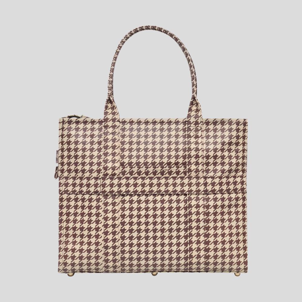 Large Bon Vivant Structured Tote Bag in Chocolate Houndstooth Print - Perfect for Work, Travel & Everyday Use