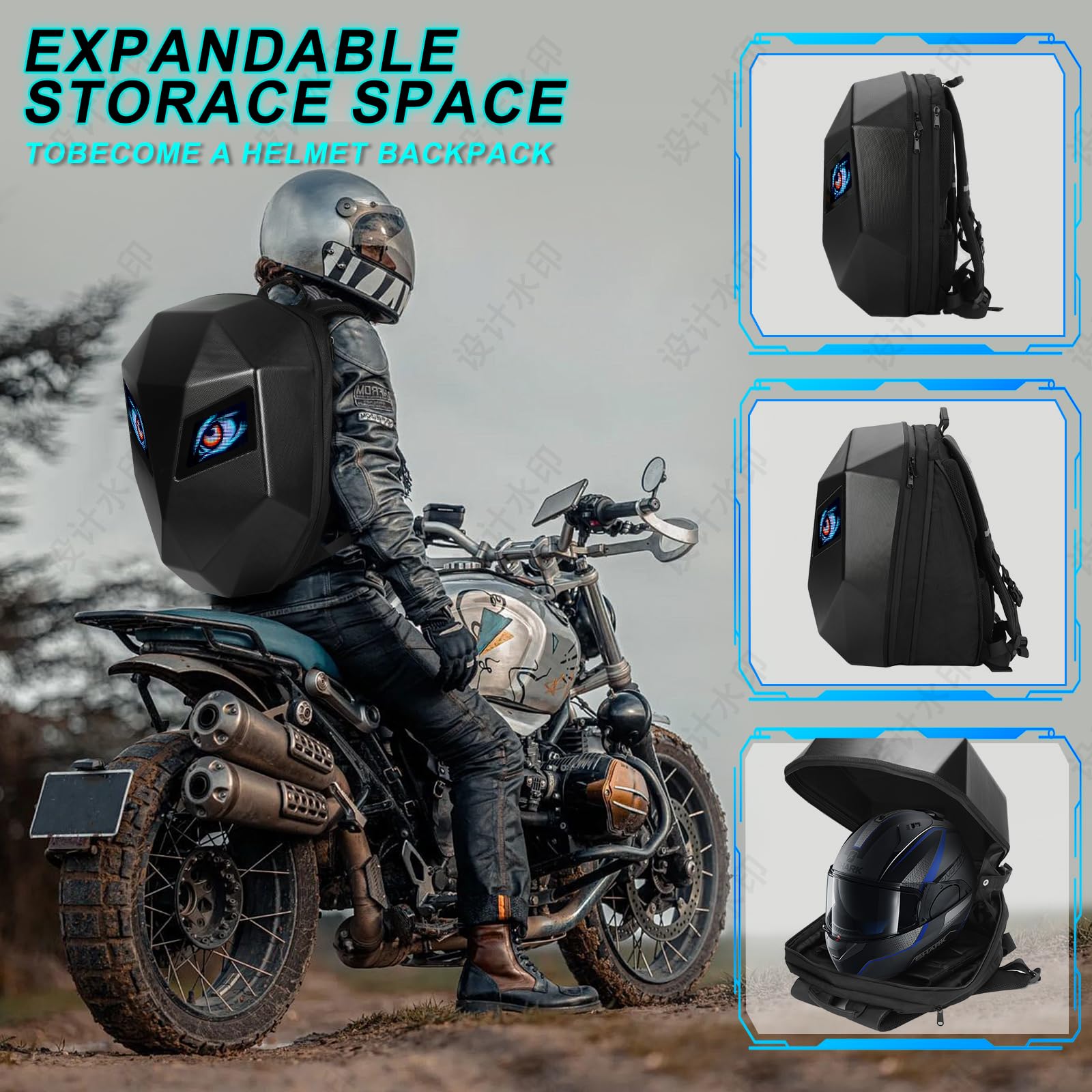 19-Inch Waterproof LED Motorcycle Backpack with Hard Shell & Custom Screen - Laptop Bag, Helmet Storage for Cycling, Camping & Outdoor Adventures