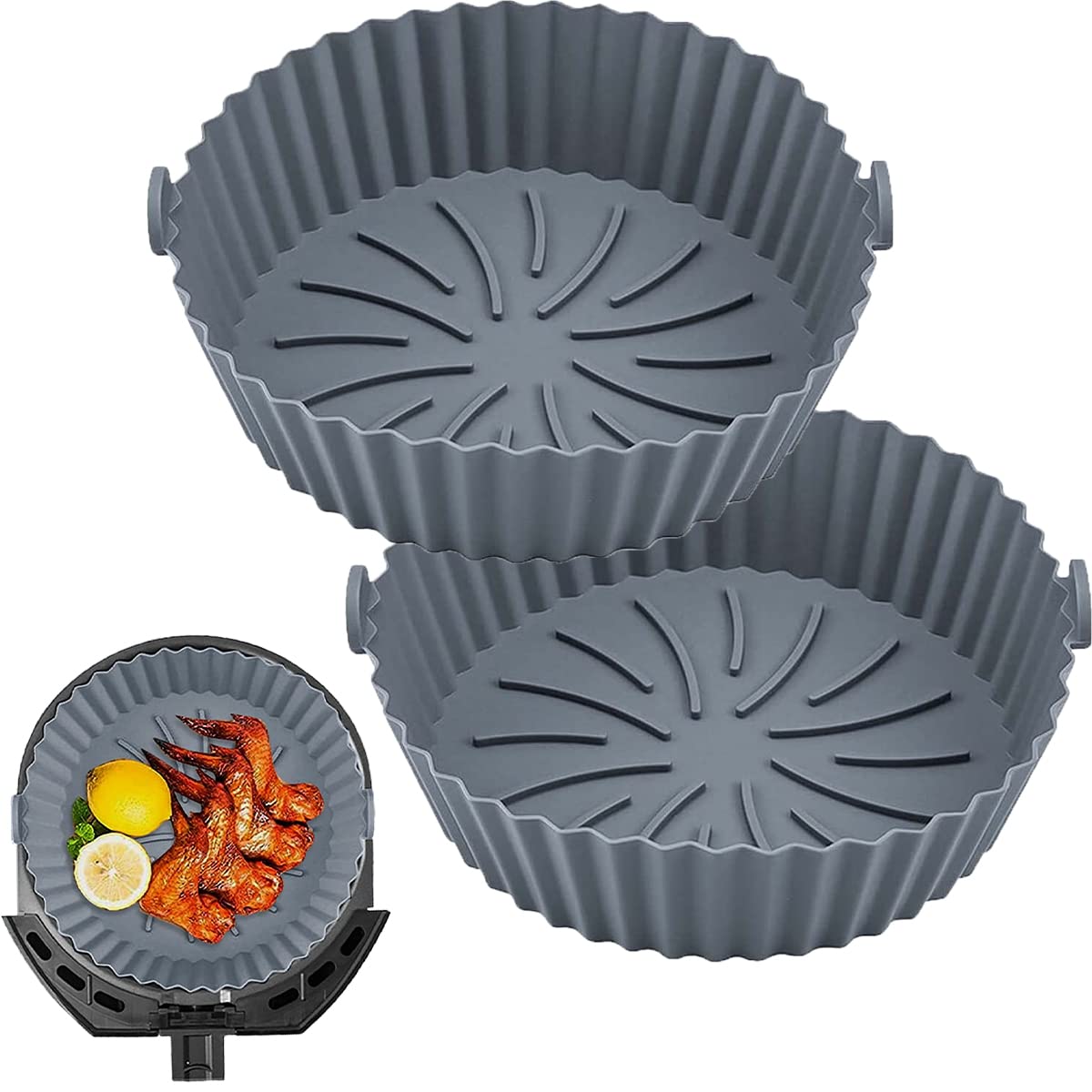 2Pcs Reusable Air Fryer Silicone Basket - BPA-Free, Heat Resistant Round Silicone Baking Pan - Perfect Air Fryer Accessories & Oven/Microwave Safe - Great for Healthy Cooking, Meal Prep & Family Dinners