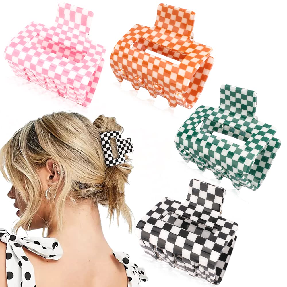 Ahoney 4 Pack Checkered Hair Claw Clips for Thin & Thick Hair - Small 2