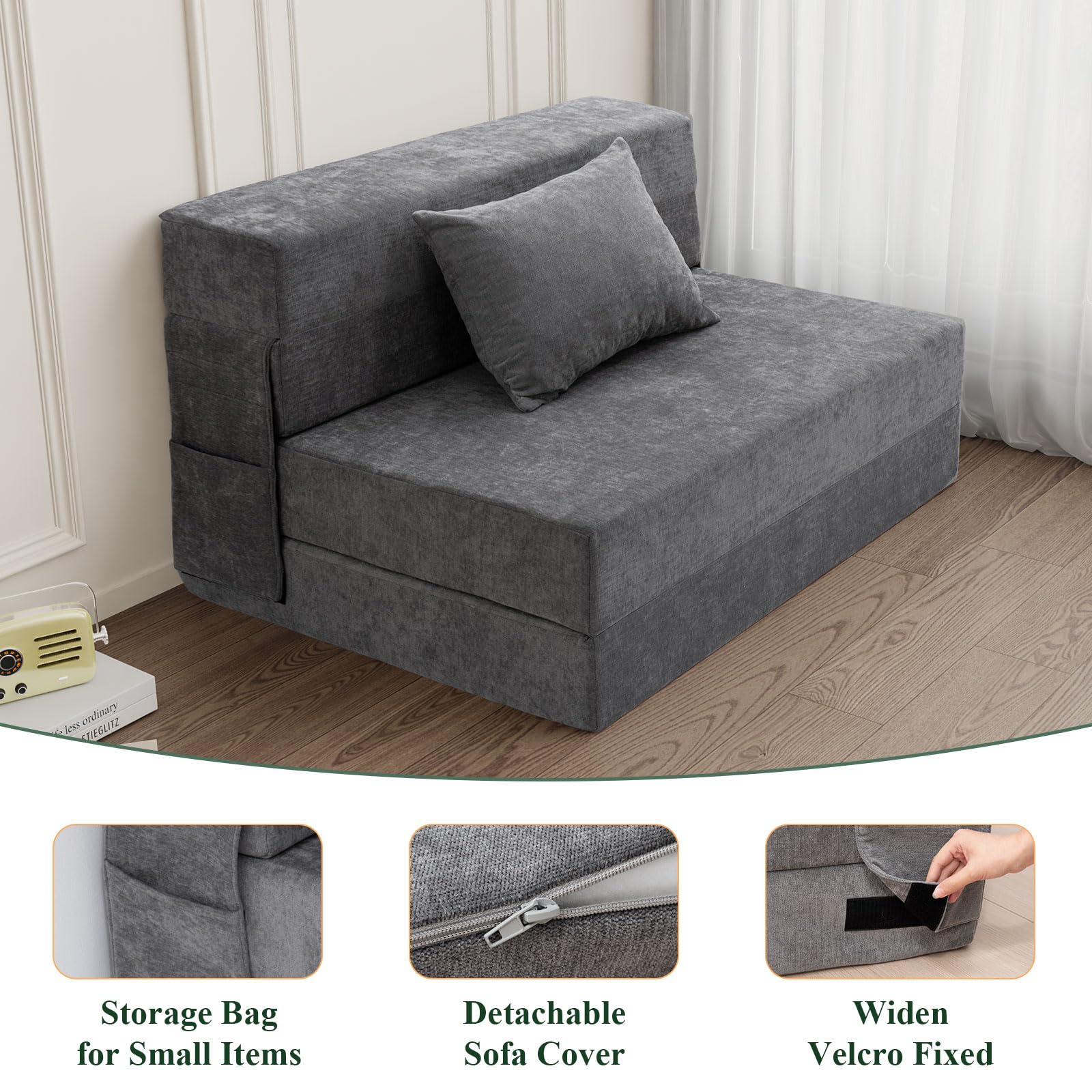 HOMFINE Folding Sofa Bed - Convertible Sleeper Chair with Pillow, Twin Size Gray Futon Couch for Small Spaces | Fold Out Couch & Foam Floor Mattress | Perfect for Living Room, Dorm, Guest Room & Home Office | Space-Saving Multi-Functional Furniture for Relaxing, Lounging & Overnight Guests