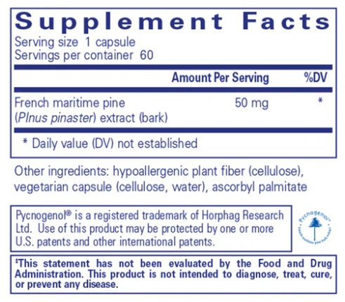 Pycnogenol® Pine Bark Extract 50mg Supplement - Supports Heart Health, Skin & Antioxidant Benefits | Ideal for Daily Wellness & Anti-Aging