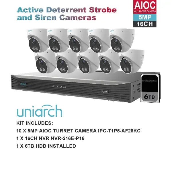 Uniarch 5MP 16 Channel NVR CCTV Security Camera System with Active Deterrent - Home & Business Surveillance Kit for 24/7 Monitoring
