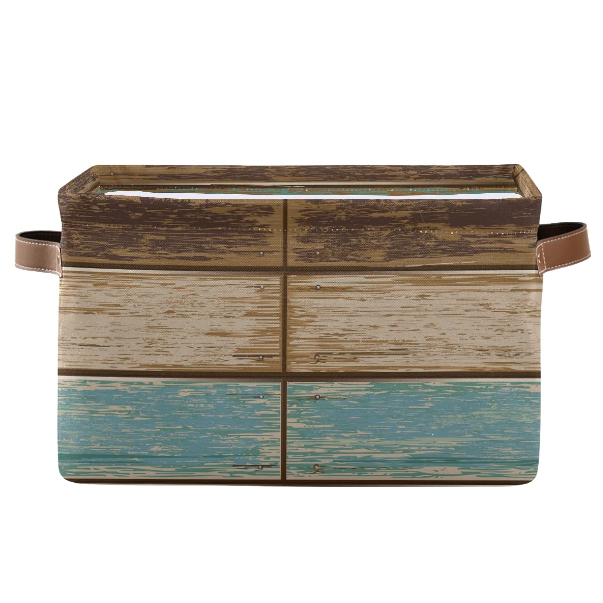 Vintage Teal Pattern Wooden Square Storage Basket - Canvas Closet & Shelf Organizer for Home & Office - Perfect for Bedroom, Bathroom, and Pantry Organization (1 Piece)