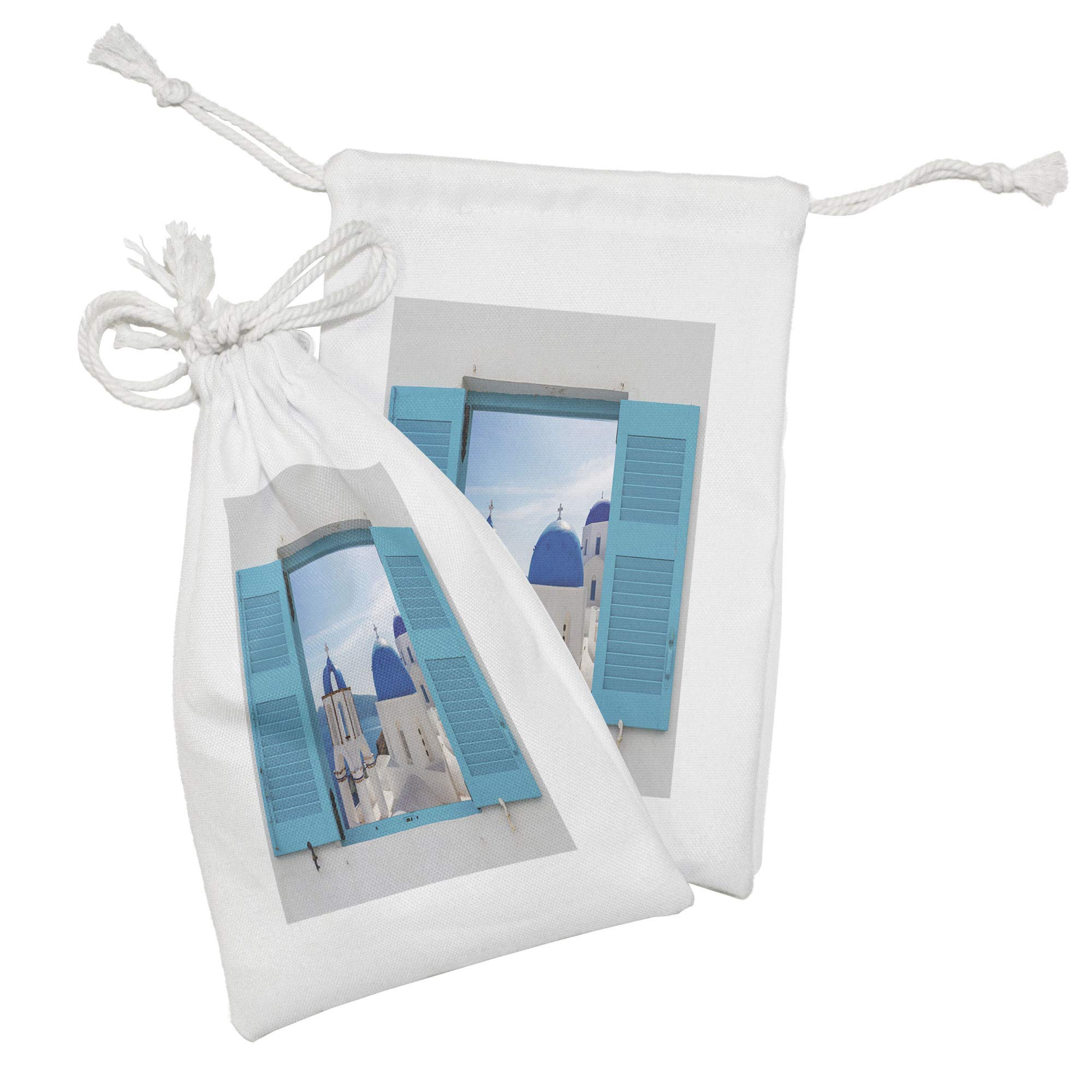 Ambesonne 2-Pack Fabric Drawstring Pouches - Greek Santorini Oia Window View Landscape Design, 9