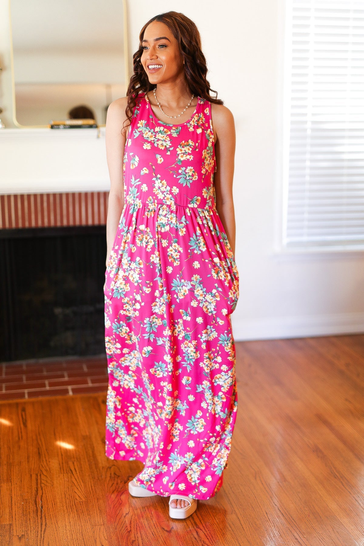 Elegant Pink Floral Print Fit and Flare Sleeveless Maxi Dress for Women | Summer Beach Wedding Party Dress | Perfect for Vacations, Date Nights & Special Occasions