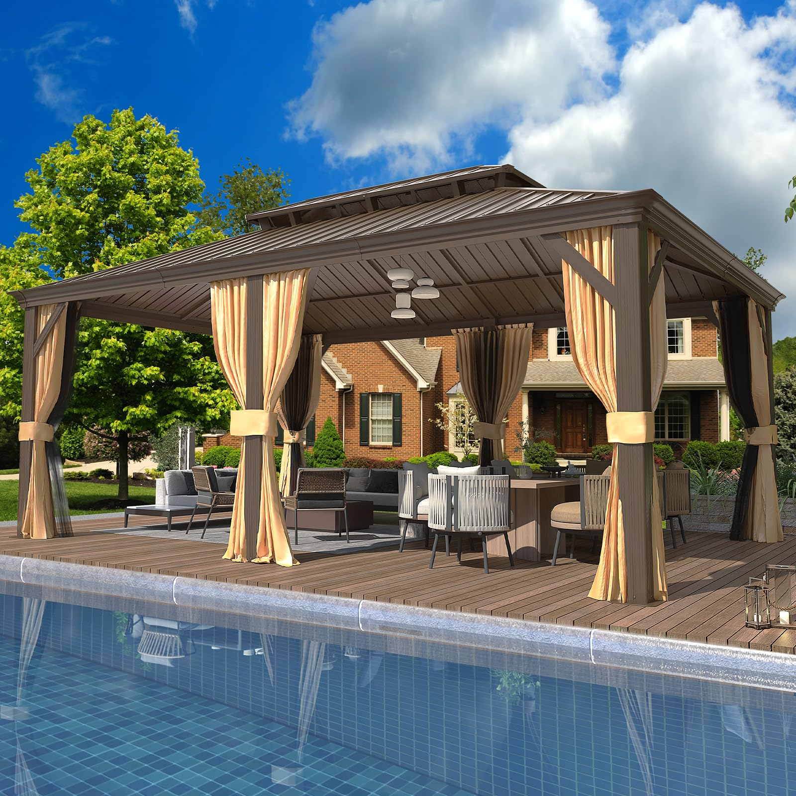 12' x 18' EROMMY Hardtop Gazebo with Double Roof - Galvanized Steel & Aluminum Frame - Permanent Brown Outdoor Pavilion for Patio, Garden, and Backyard Parties