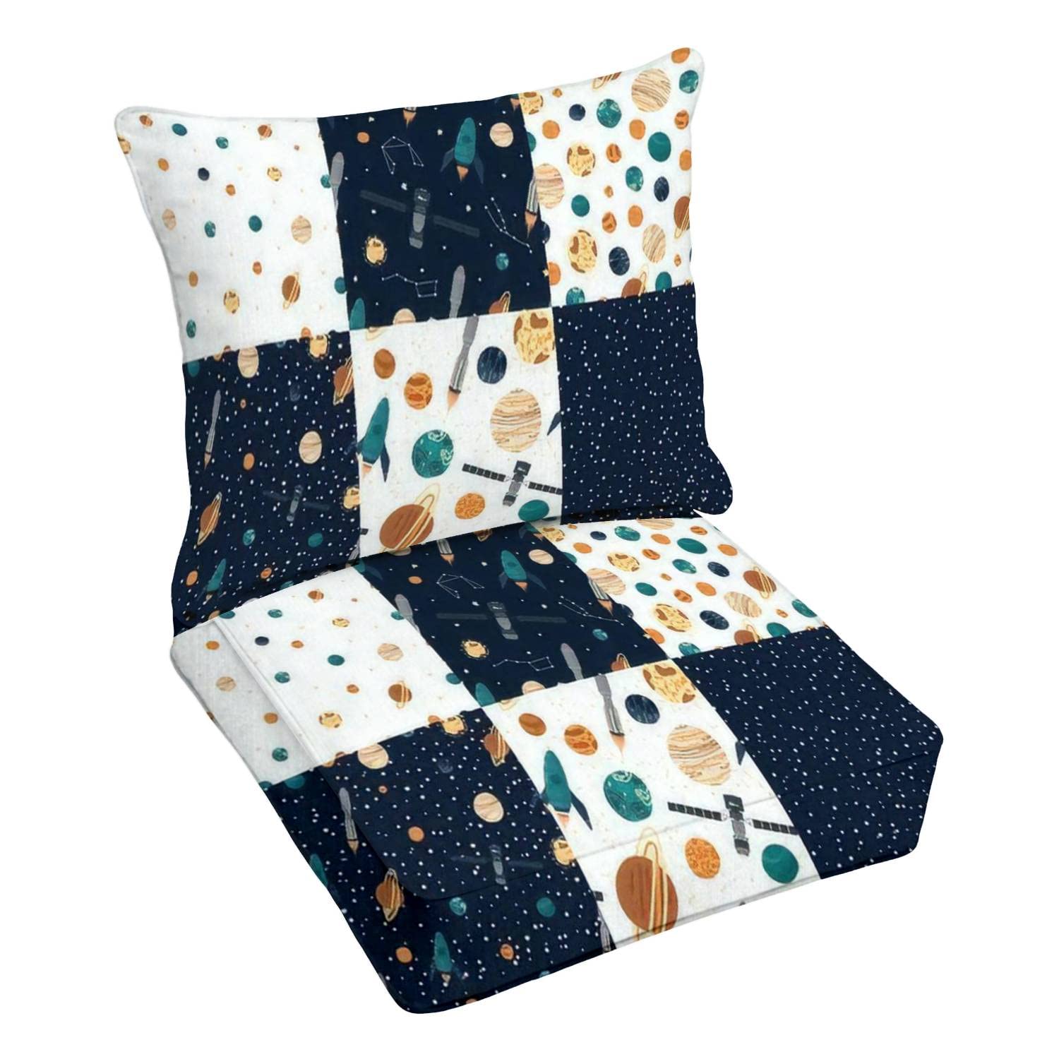 Outdoor Deep Seating Cushion Set with Space-Themed Seamless Patterns - Rocket, Sun & Planets Design - Premium Patio Furniture Replacement Cushions for Lounge Chairs - Perfect for Backyard, Poolside & Outdoor Conversation Areas