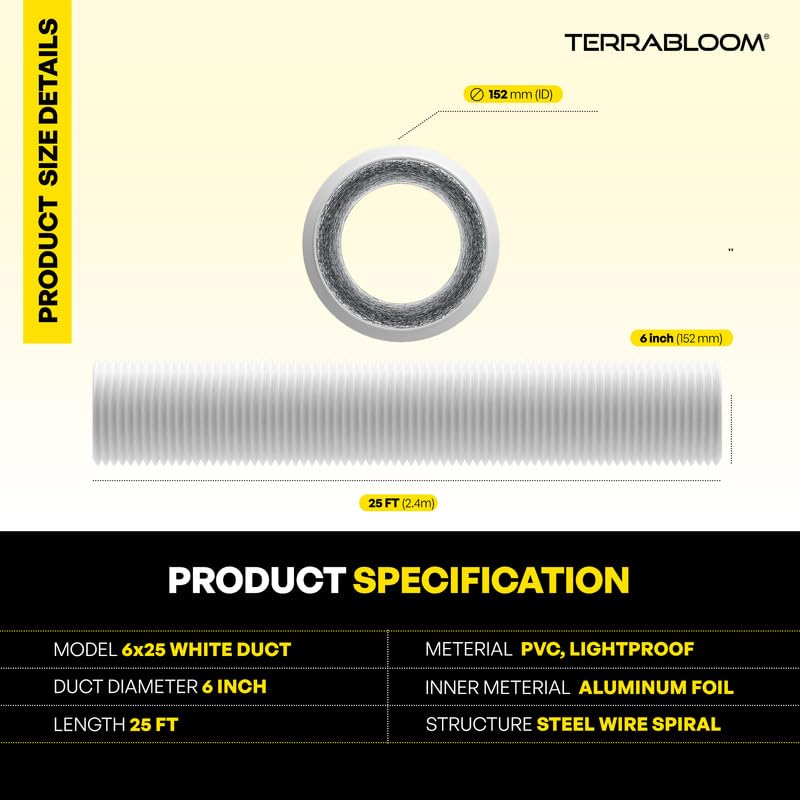 TerraBloom 6-Inch Dryer Vent Hose 25 Feet - Premium 3-Layer Aluminum Flexible HVAC Duct with 2 Bonus Clamps - Silver Ventilation Hose for Dryer, Grow Tent & HVAC Systems - Ideal for Home Laundry Rooms, Indoor Gardening & Ventilation Solutions