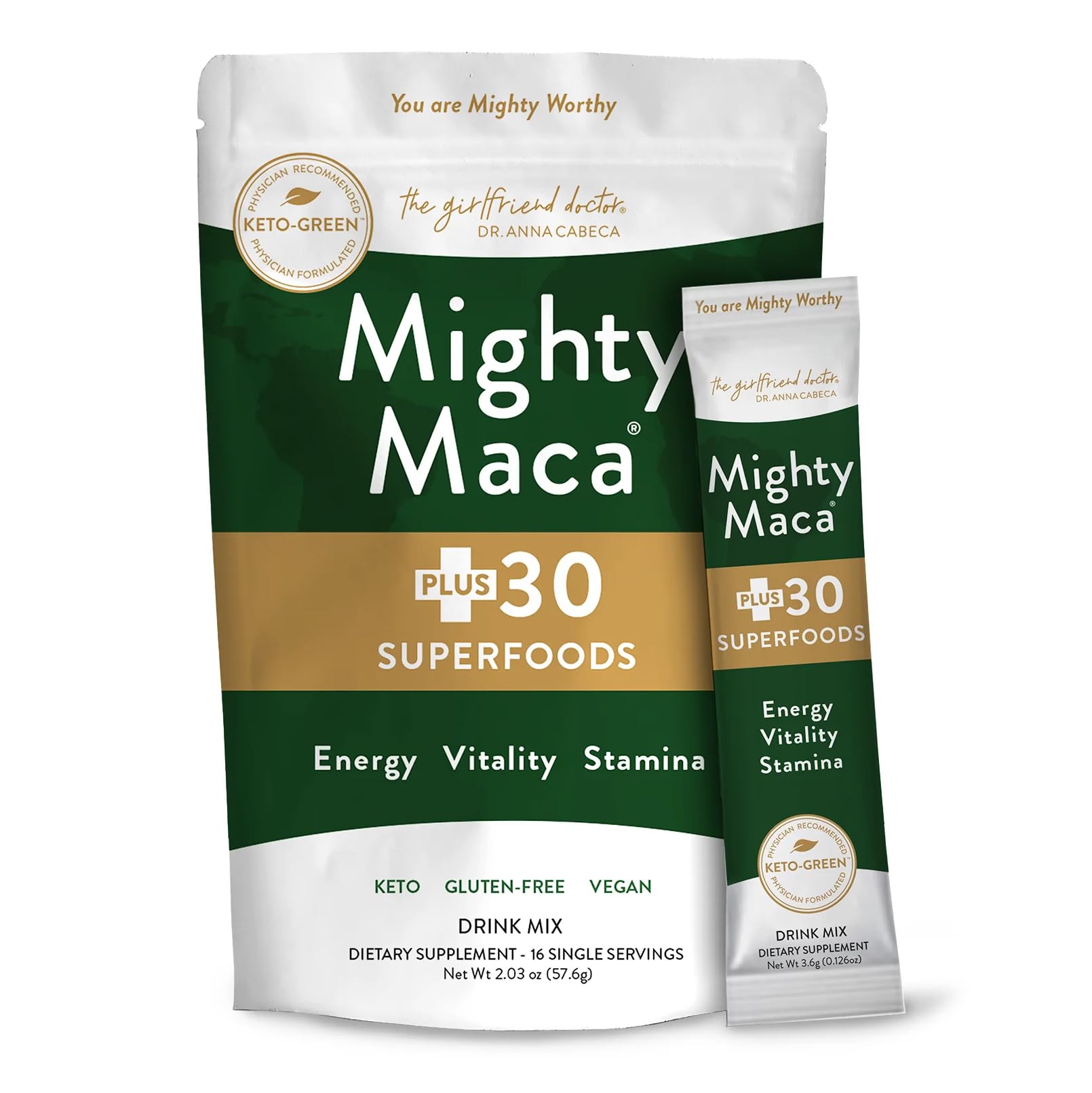 Organic Maca Root Powder Superfood - Mighty Maca Plus Keto Detox Drink, All-Natural Vegan & Alkaline Greens Supplement (16 Travel Packs) - Perfect for Smoothies, Energy Boosting & Wellness Routines
