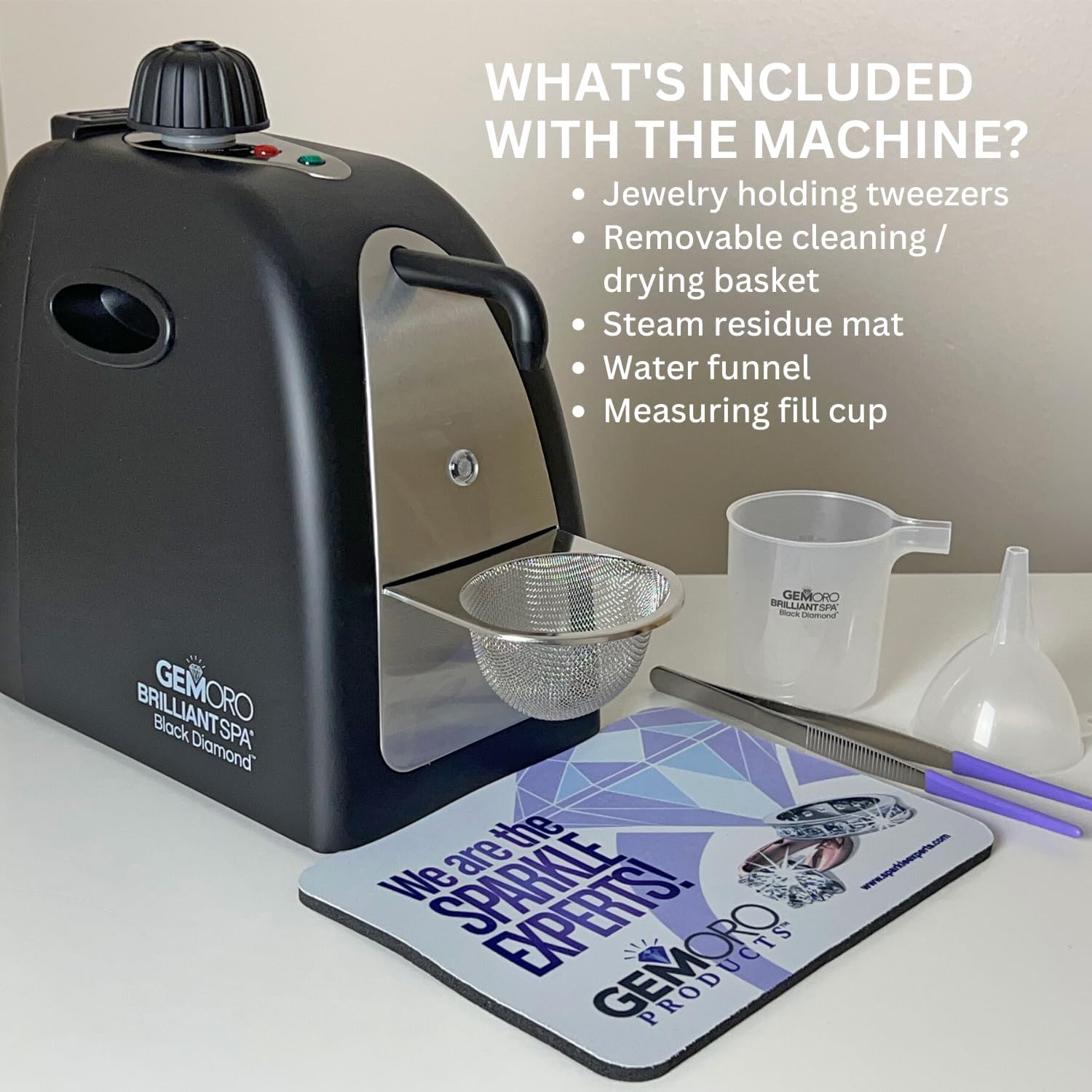 GemOro Professional Jewelry Steam Cleaner for Rings, Watches, Glasses & Earrings - Black Diamond Brilliant Spa Personal Jewelry Cleaner Machine (Matte Black) | Perfect for Home, Travel & Jewelry Store Cleaning