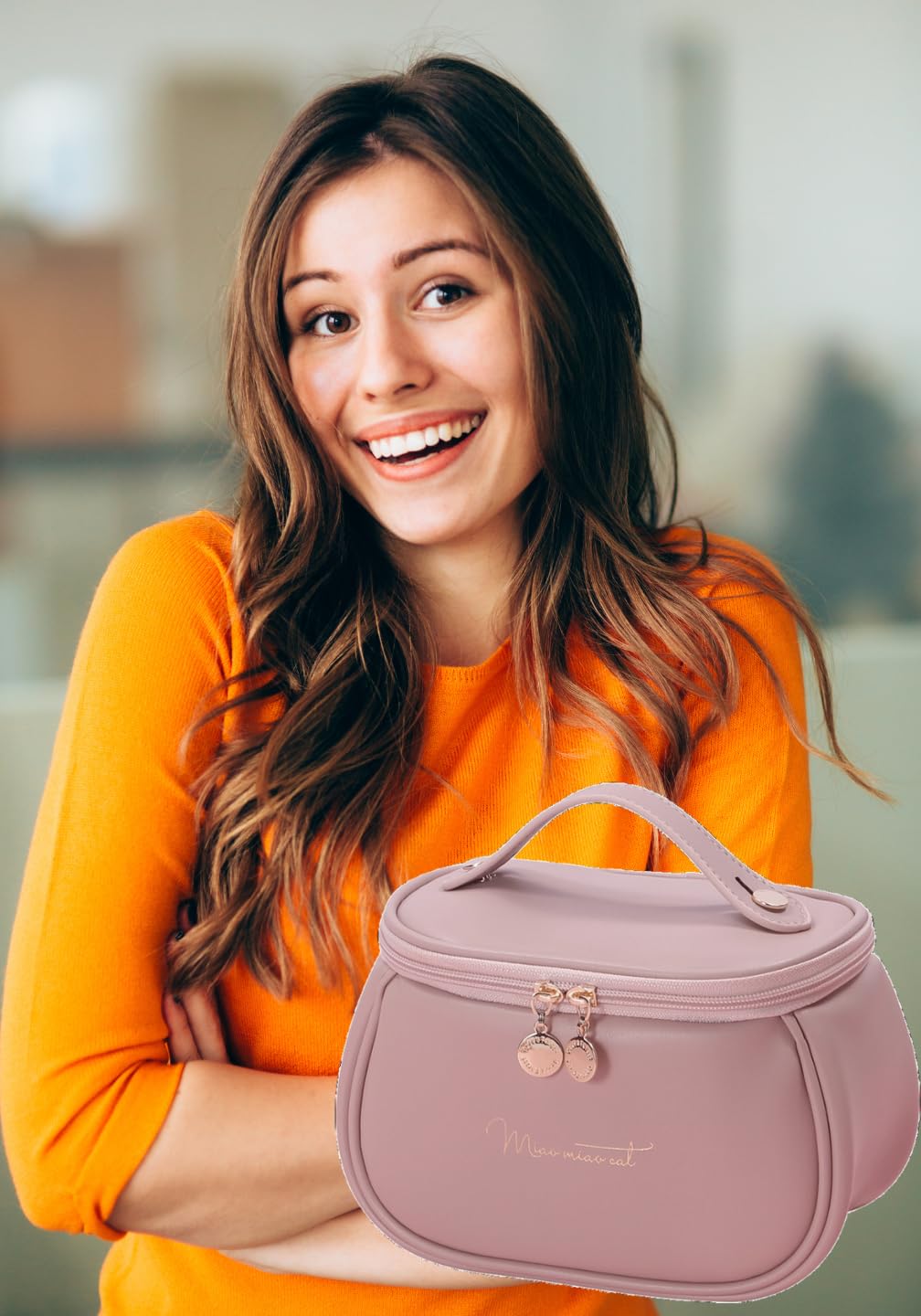 Zeahh's Pink PU Leather Makeup Bag for Women - Large Capacity Cosmetic Organizer with Handle & Divider, Portable Travel Makeup Pouch for Kit Storage | Perfect for Travel, Gym & Daily Beauty Essentials