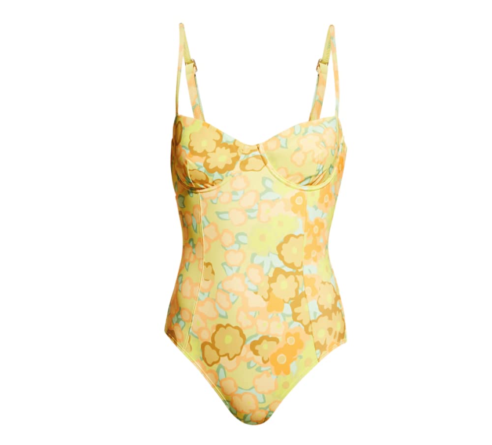 Tory Burch Women's Underwire One Piece Swimsuit - Yellow Blossom Floral Print Bathing Suit for Beach, Pool & Vacation | Plus Size Swimwear Options Available