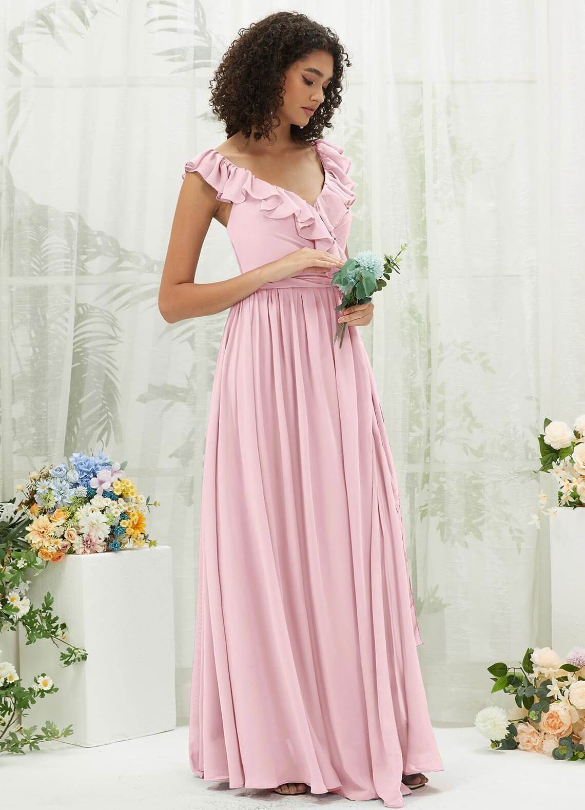 Elegant Blush Chiffon Bridesmaid Dress with Ruffle Details & Cross Straps - Perfect for Weddings, Formal Events & Special Occasions