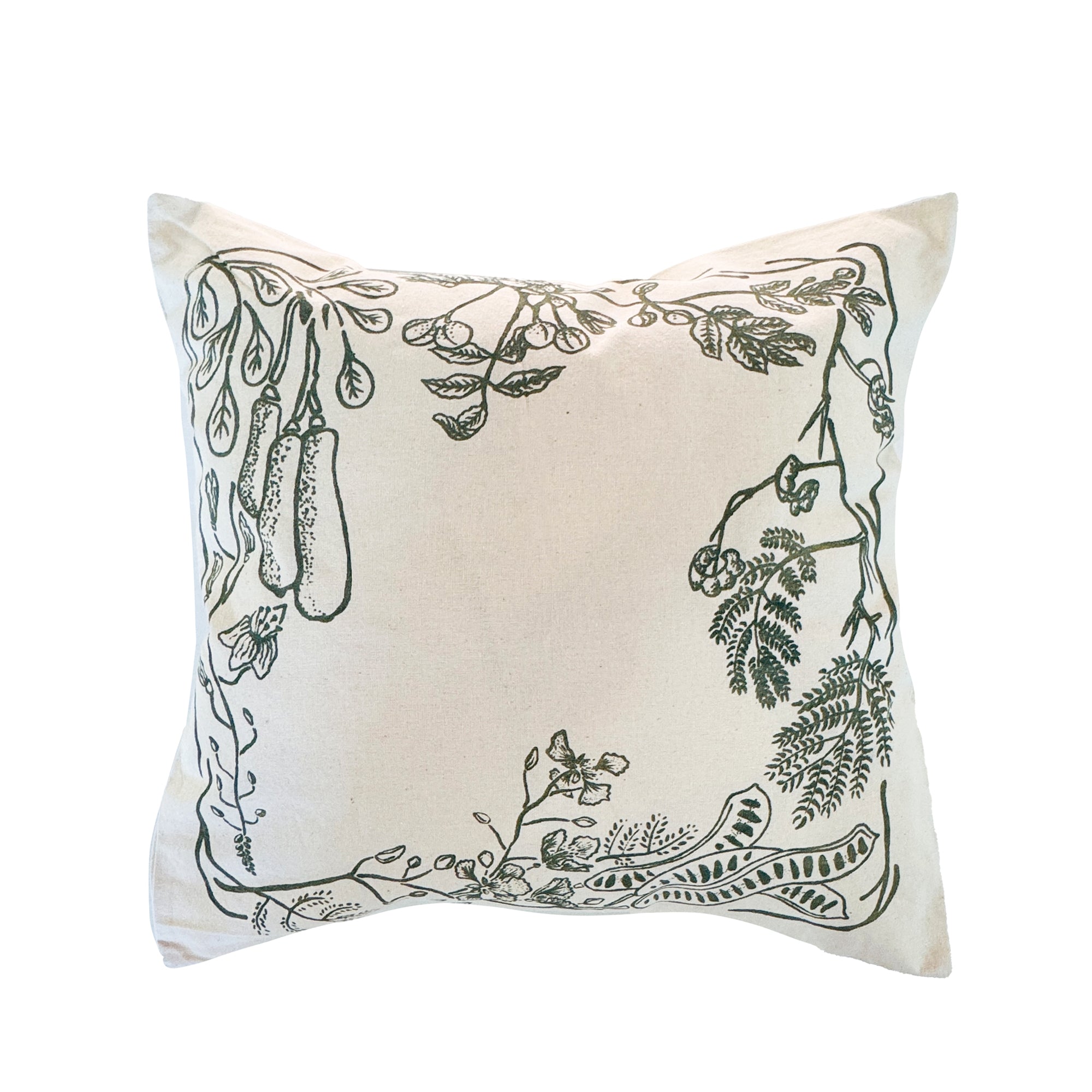 Masamba Floral Cushion Cover - Leaf Print Border on Raw Cotton - Perfect for Sofa, Bed & Home Decor