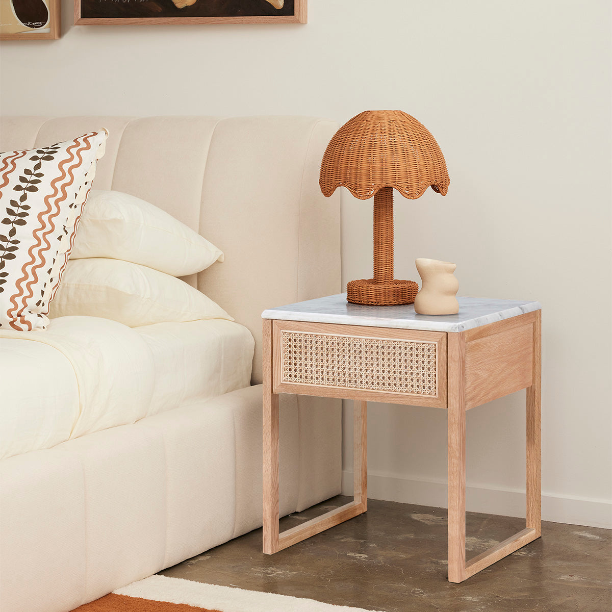 Avalon Marble Rattan Bedside Table - Modern Nightstand with Storage Shelf for Bedroom, Living Room & Guest Room - Stylish and Functional Home Decor