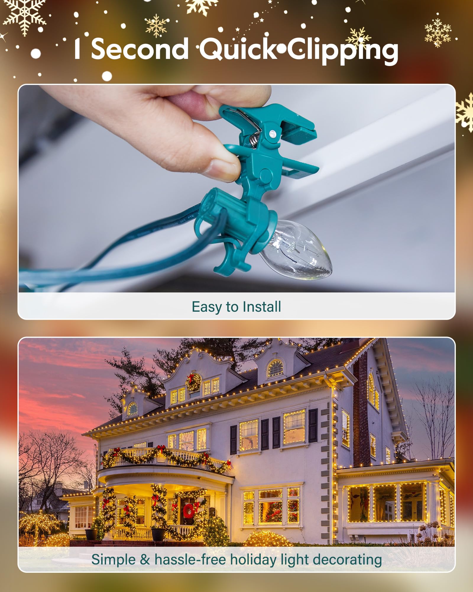Universal Spring Clips for C7 C9 Christmas Lights - 50 Pack of Quick-Install Holiday Light Clips, Shatterproof Shingle & Gutter Hooks for E12 E17 Bulbs - Perfect for Metal Roofs, Fences, Railings & Gates - Ideal for Outdoor Holiday Decorations & Year-Round Lighting Displays