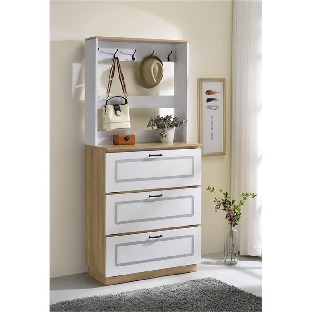 Acme Hewett 10-Hook Wooden Shoe Storage Cabinet - Light Oak & White Shoe Organizer for Entryway, Closet, or Mudroom Organization