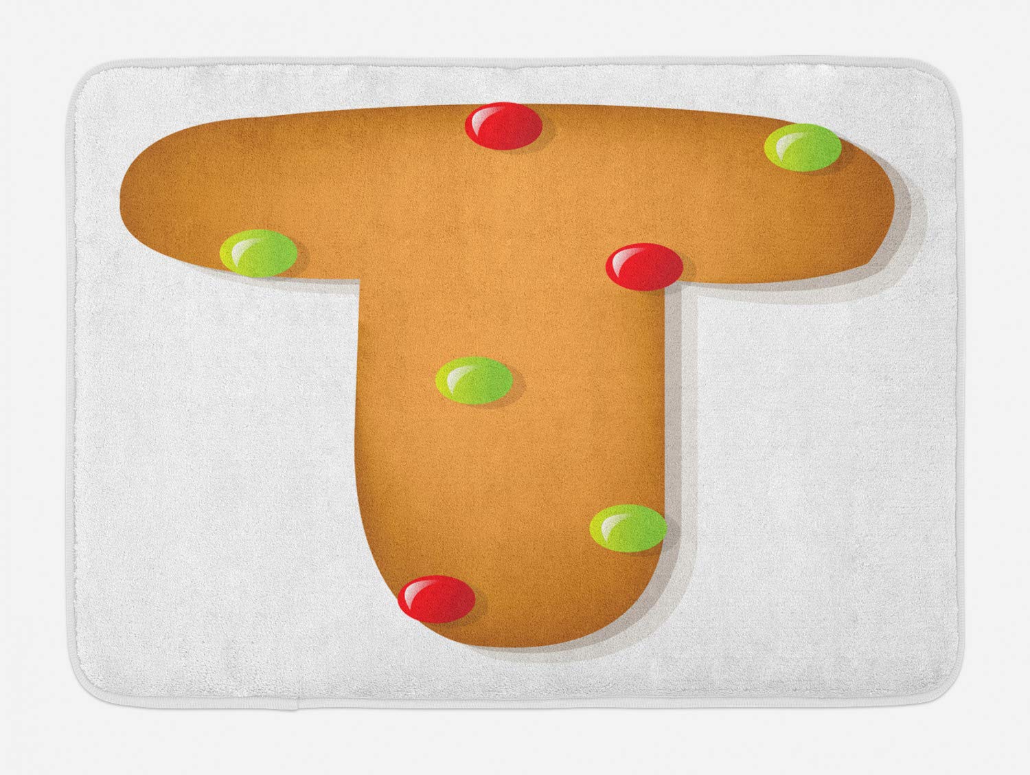Ambesonne Christmas Alphabet Bath Mat - Non-Slip Plush Bathroom Rug with Gingerbread Cookie Letter T & Xmas Polka Dots, 30.2 x 20 Inches in Ginger Vermilion & Green - Perfect for Holiday Decor, Festive Bathroom Accent & Cozy Winter Home Decor