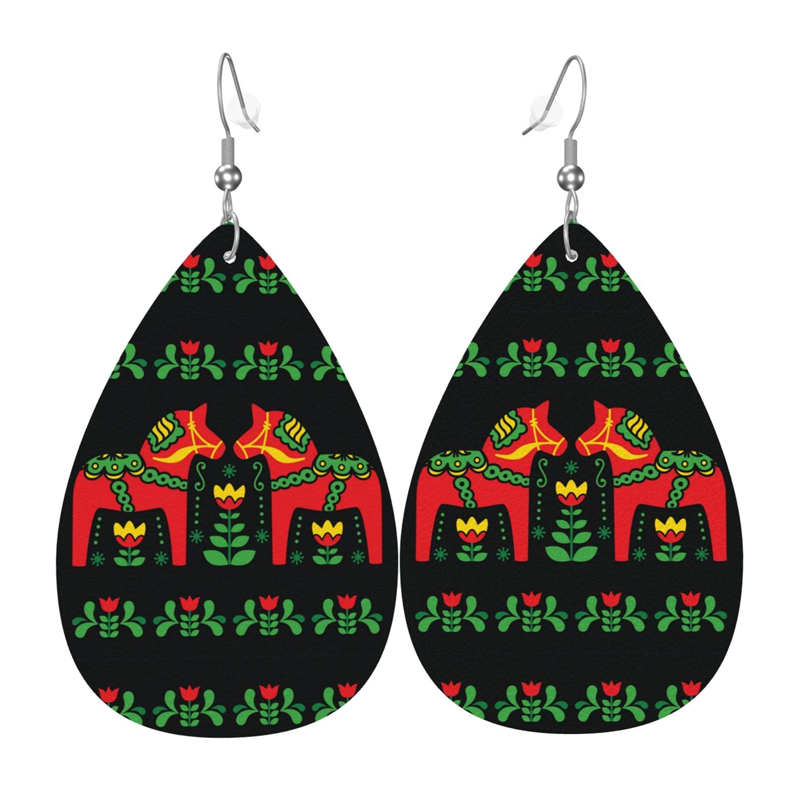 POMDJND Swedish Dala Horse Leather Teardrop Dangle Earrings for Women & Girls - Lightweight Fashion Drop Earrings (One Size) - Perfect for Boho Chic, Casual Wear & Gift Giving