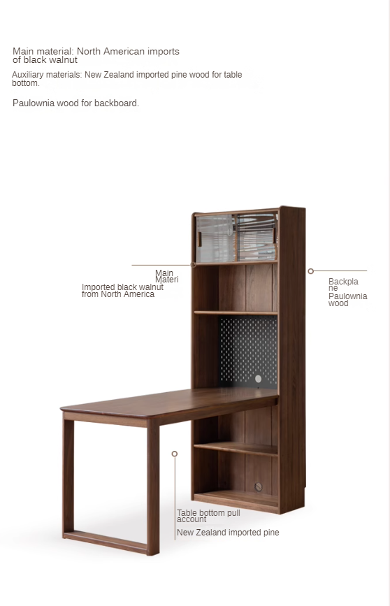 Premium Black Walnut Solid Wood Storage Cabinet with Integrated Office Desk - Modern Light Luxury Style for Home Office & Living Room Organization