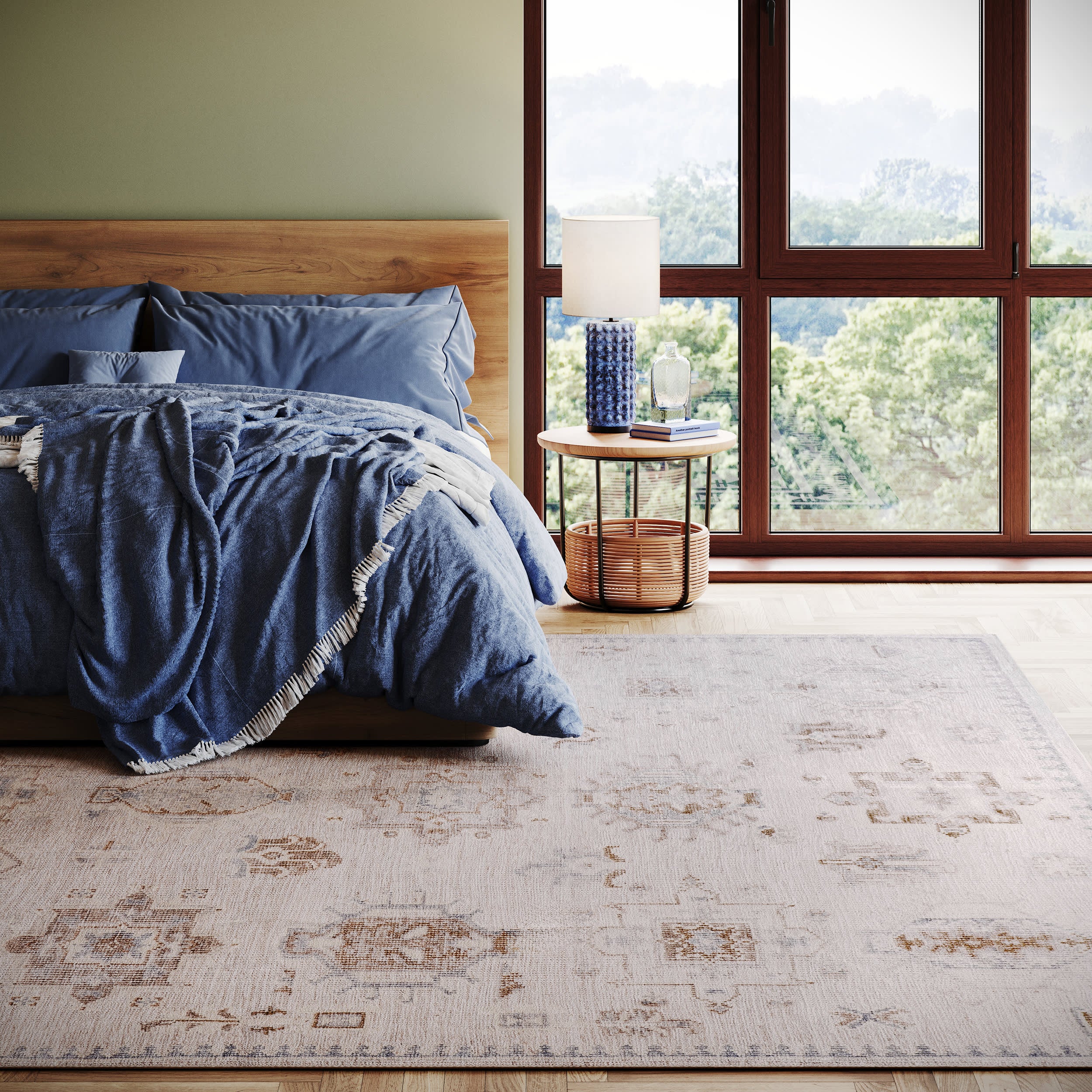 Brenda Hazy Heraldry Spill Proof Washable Rug - Non-Slip Beige Area Rug for Living Room, Bedroom, Kitchen | Waterproof & Machine Washable Home Decor