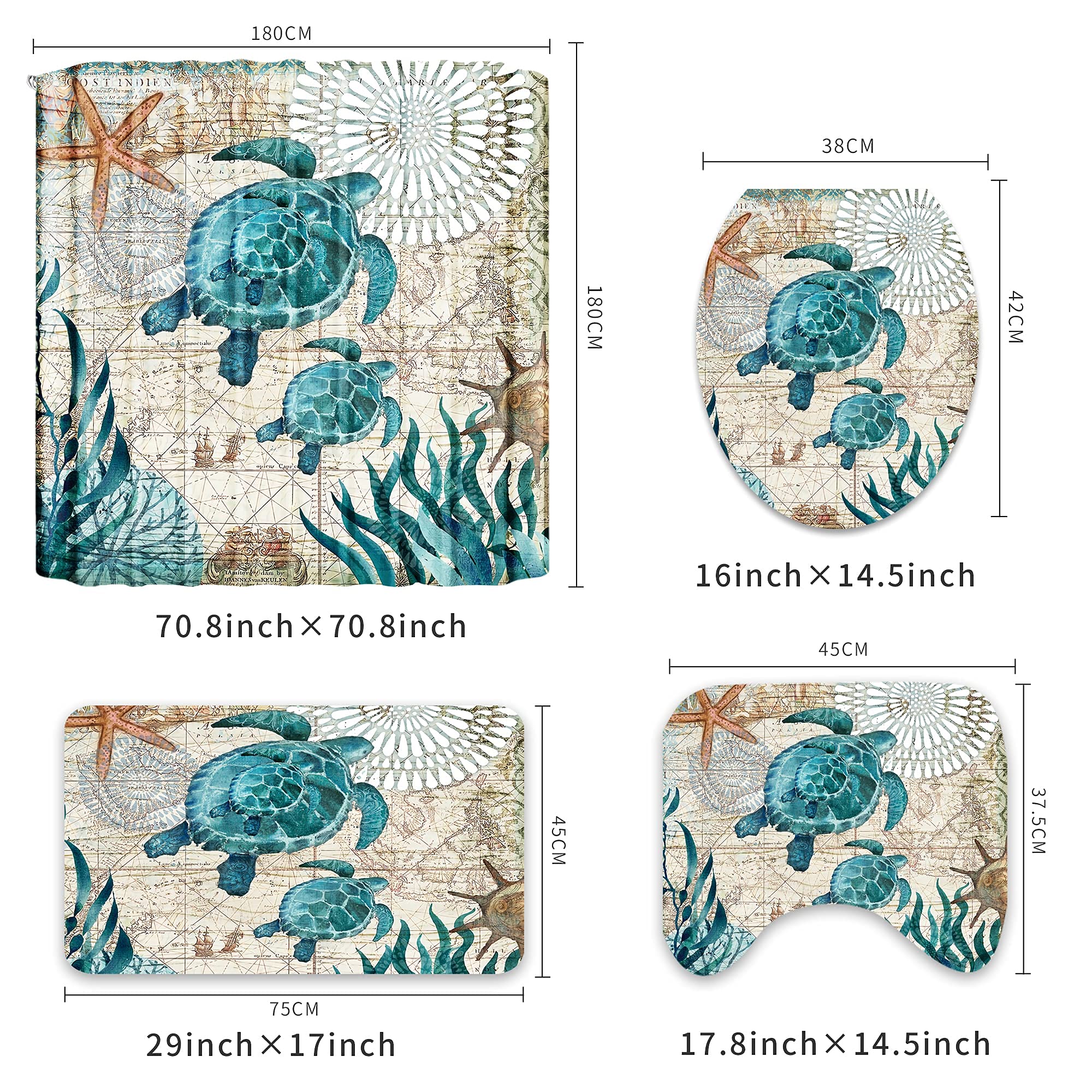 Nautical Blue Sea Turtle Bathroom Set - Waterproof Shower Curtain with 12 Hooks, Bath Mat & Accessories | Coastal Bathroom Decor for Beach House or Ocean Theme | Durable Fabric Bathroom Essentials