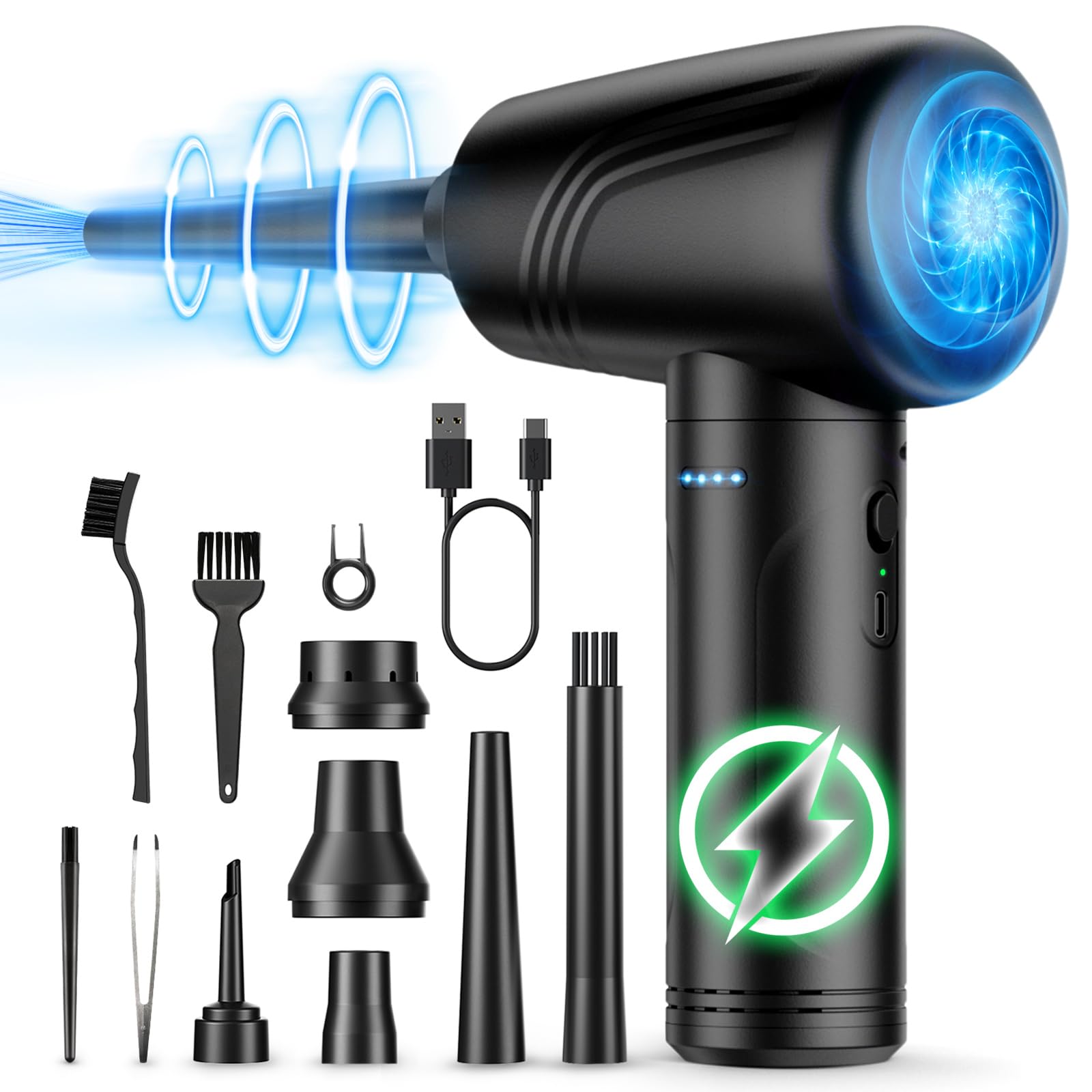 11-in-1 Electric Air Duster - 120000 RPM Cordless Keyboard Cleaner with 3-Speed Adjustable & LED Light, 9000mAh Reusable Compressed Air for Computer, Car, Office - Perfect for Cleaning Electronics, Keyboards, Car Interiors, and Home Appliances
