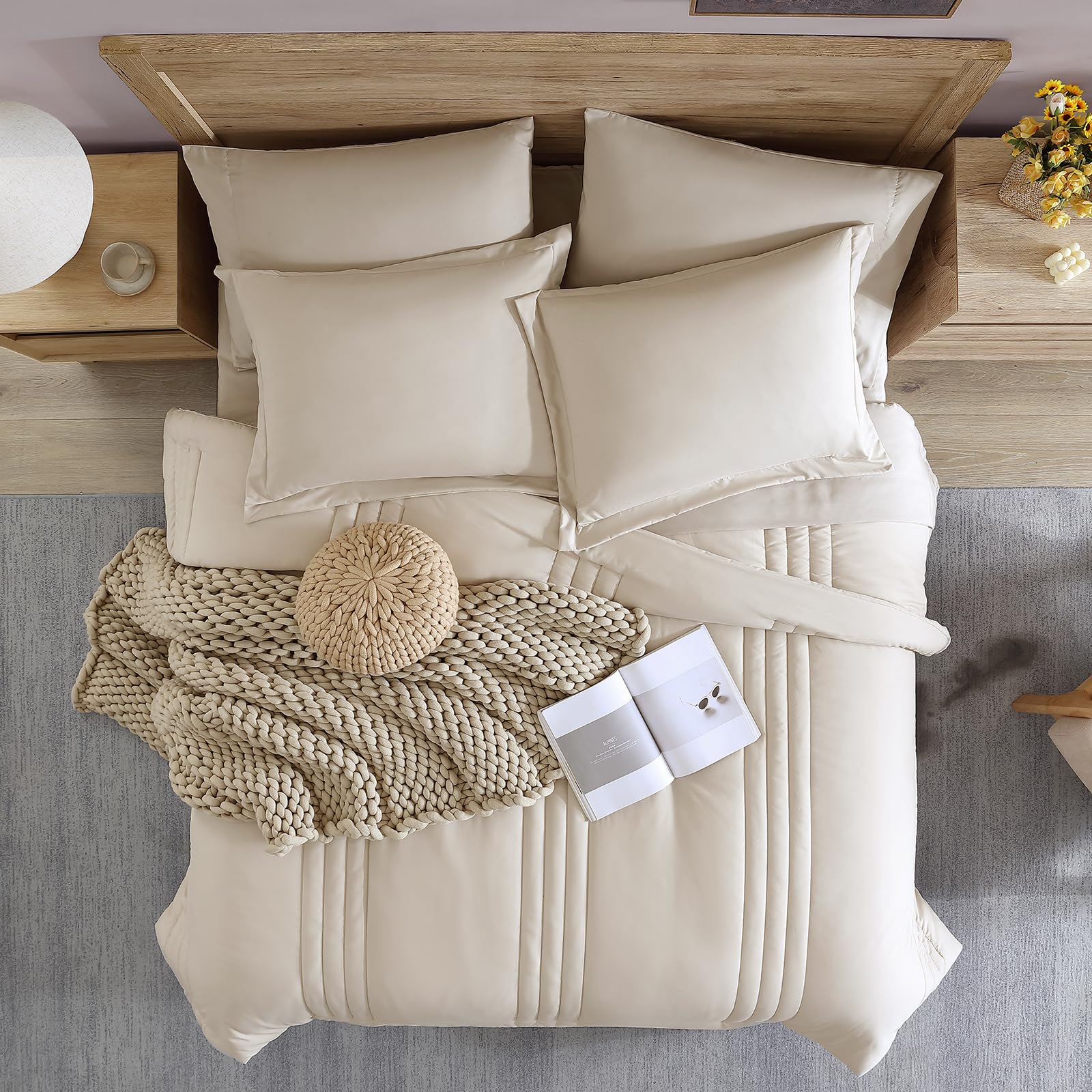 Monbix 7-Piece Full Comforter Set - Apricot Beige All Seasons Down Alternative Bedding | Includes Comforter, Sheets, Pillowcases & Shams | Perfect for Master Bedroom, Guest Room & Dorm Decor