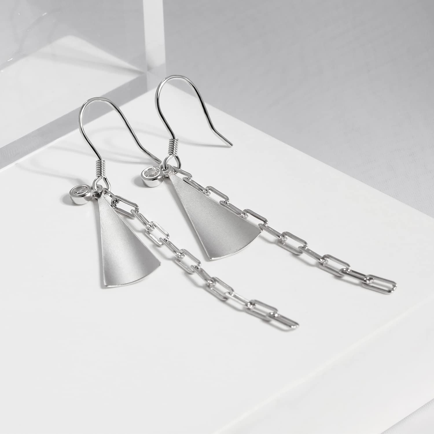 Meissa 925 Sterling Silver Dangle Drop Earrings - Edgy Triangle Geometric Chain Link Handmade Jewelry for Women | Perfect for Parties, Date Nights & Special Occasions