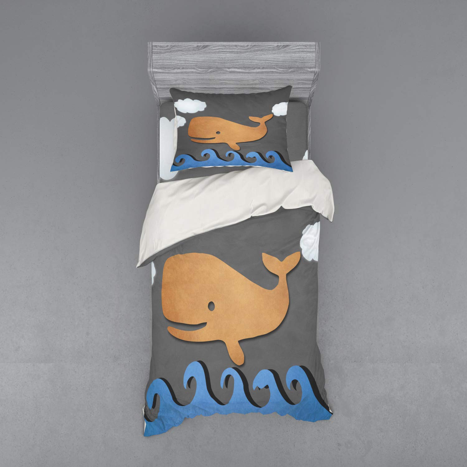 Ambesonne Whale Duvet Cover Set - Wooden Paper Design with Whale Image, 3-Piece Bedding Set Includes Sham & Fitted Sheet, Twin XL Size, Grey Blue & Brown - Perfect for Kids' Rooms, Coastal Themed Bedrooms & Whale Lovers' Home Decor