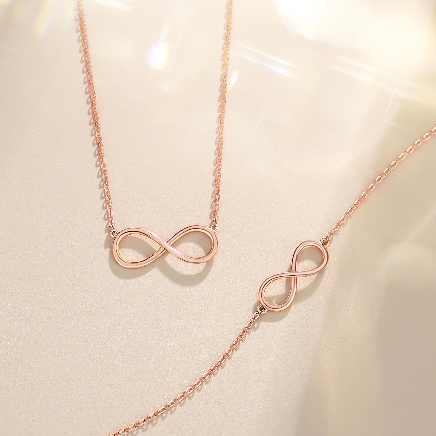 14K Solid Rose Gold Infinity Pendant Necklace - Dainty Simple Fine Jewelry for Women, 16+2