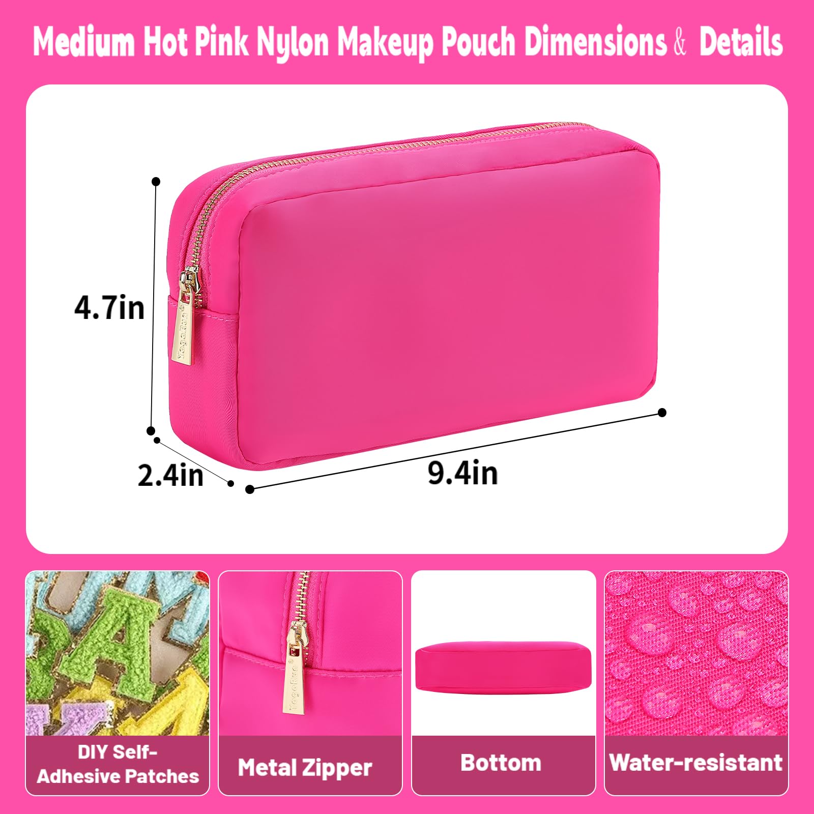 Hot Pink Nylon Cosmetic Pouch with Zipper Pocket - Women's Makeup Bag & Skin Care Organizer for Purse (Medium Size) - Perfect for Travel, Gym & Everyday Essentials Storage