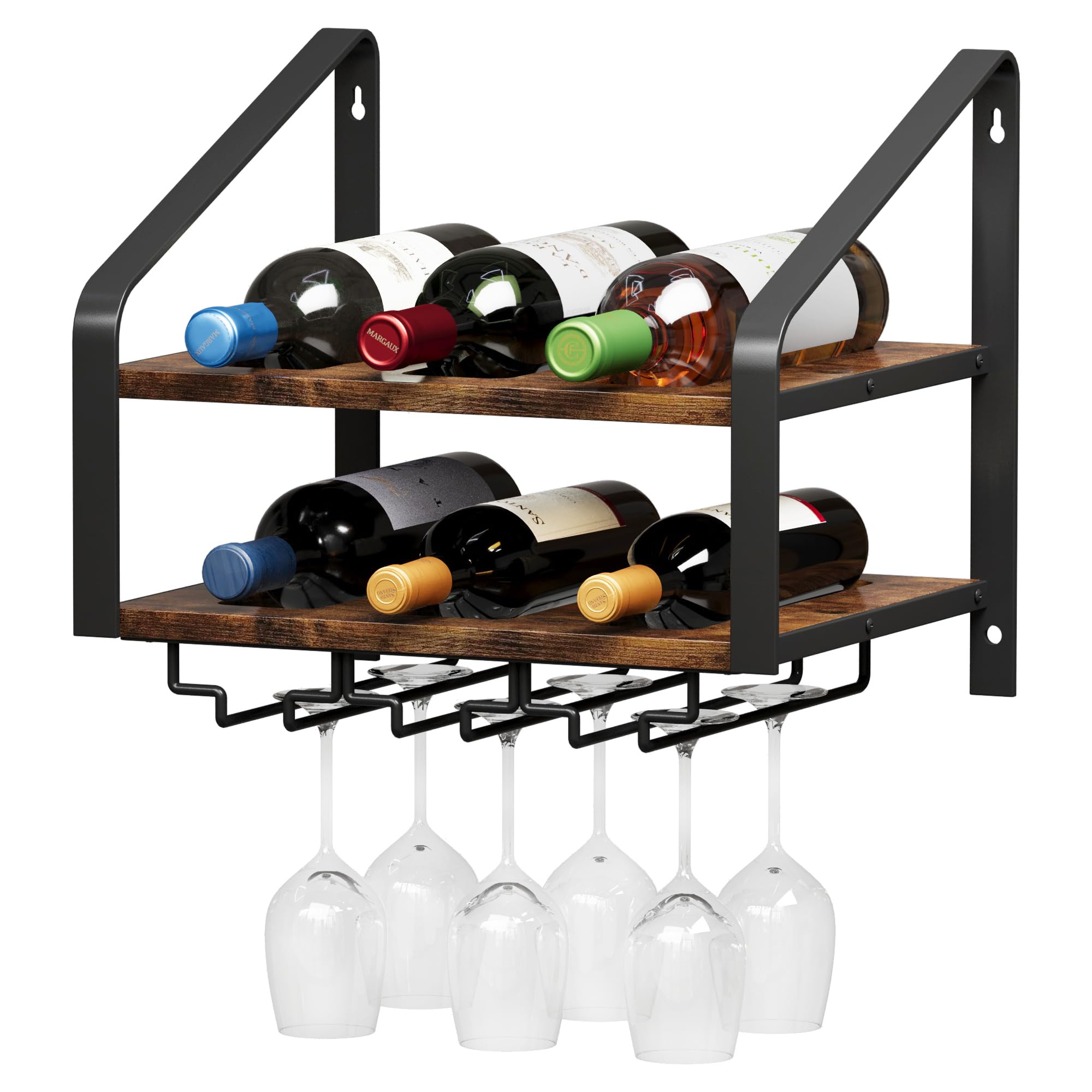 2-Tier Wall Mounted Wine Rack for 6 Bottles & 6 Glasses - Solid Wood & Metal Wine Bottle Holder for Home Bar, Kitchen, Dining Room - Space-Saving Wine Storage Solution (Brown Black) - Perfect for Small Spaces, Apartment Living & Entertaining Guests