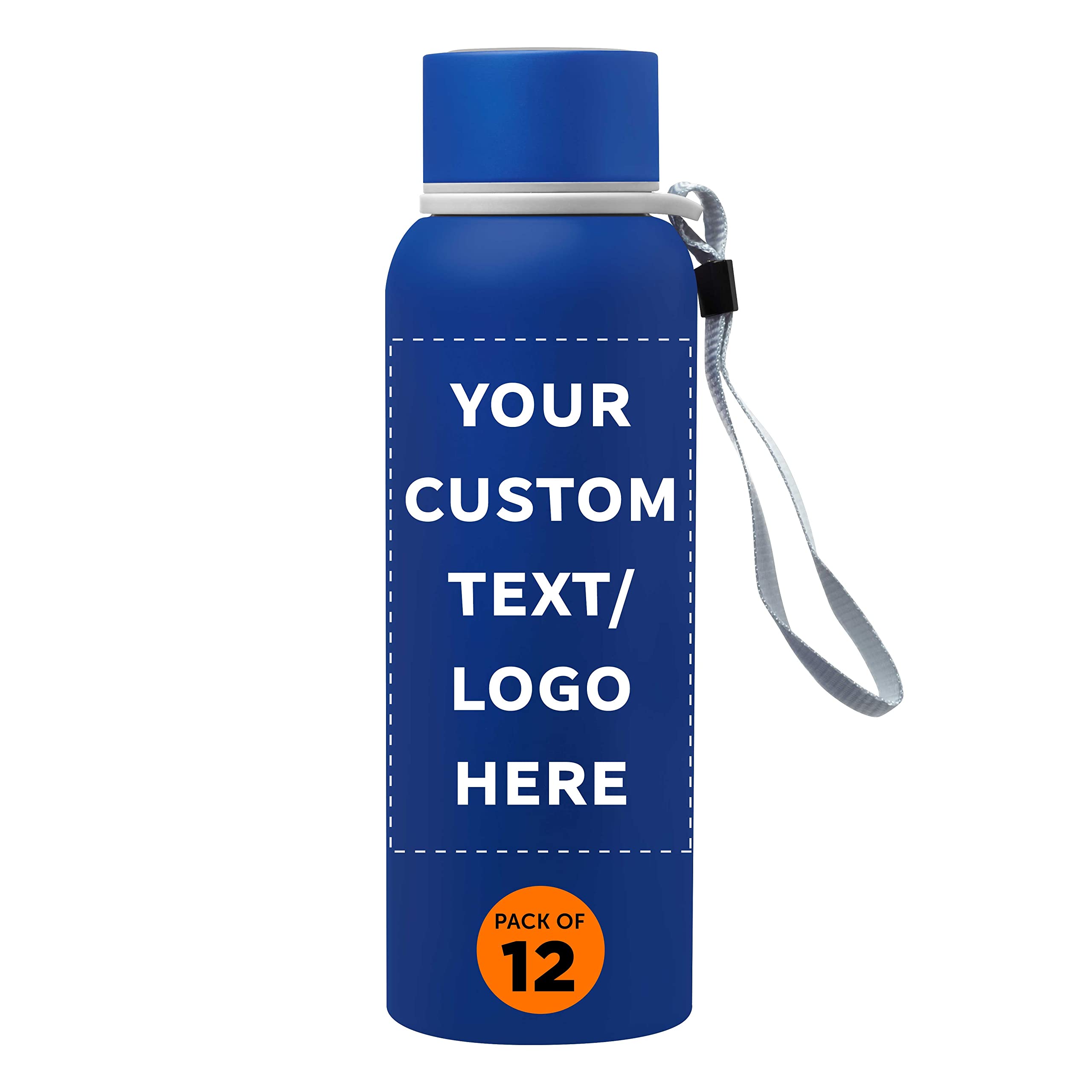 Custom Personalized 17 oz Ransom Water Bottles with Strap - Bulk Pack of 12 - Promotional Giveaways for Events, Business Gifts & Corporate Branding - Perfect for Sports Teams, School Activities & Trade Shows - Blue