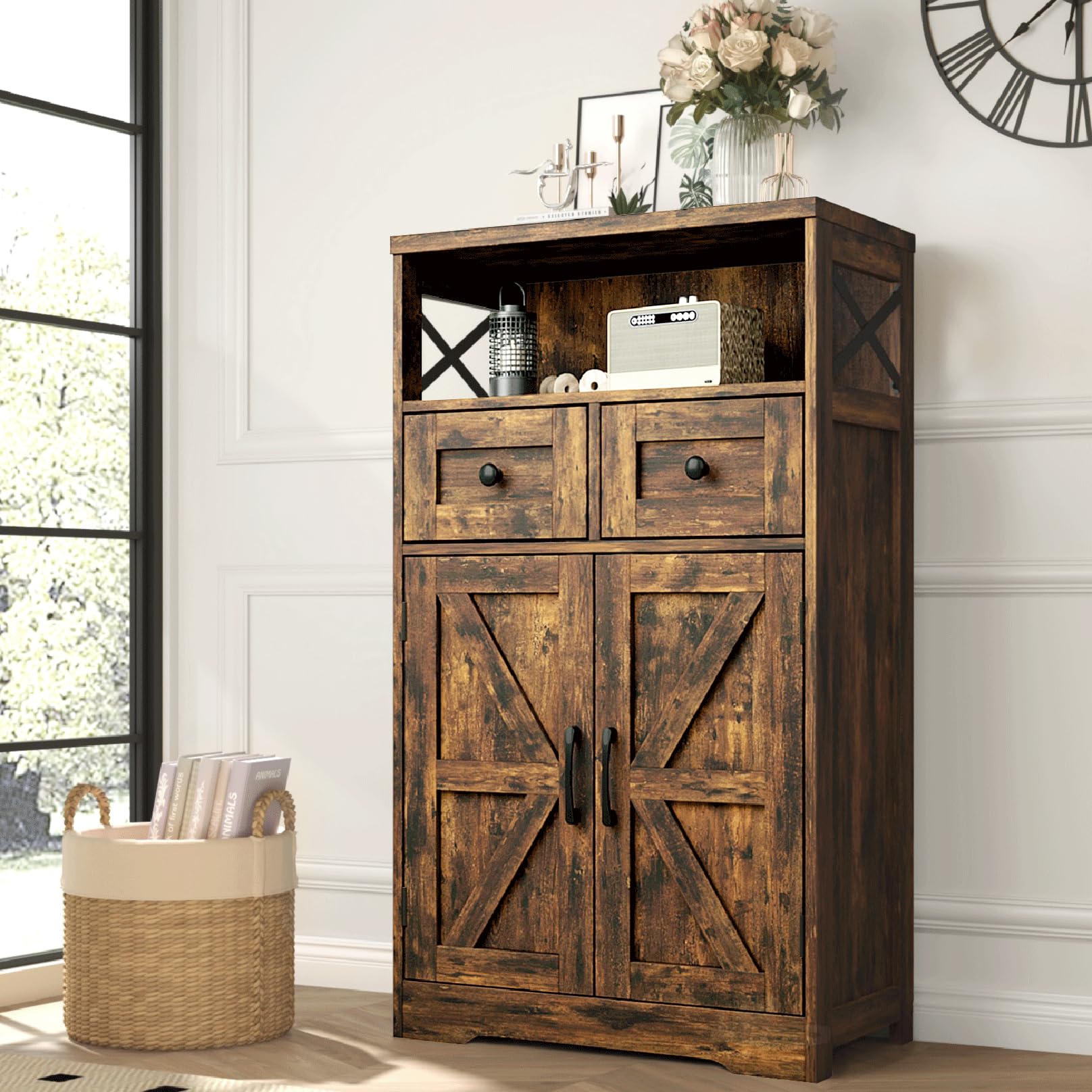 Rustic Farmhouse Storage Cabinet with Drawers & Shelves - Kitchen & Living Room Organizer