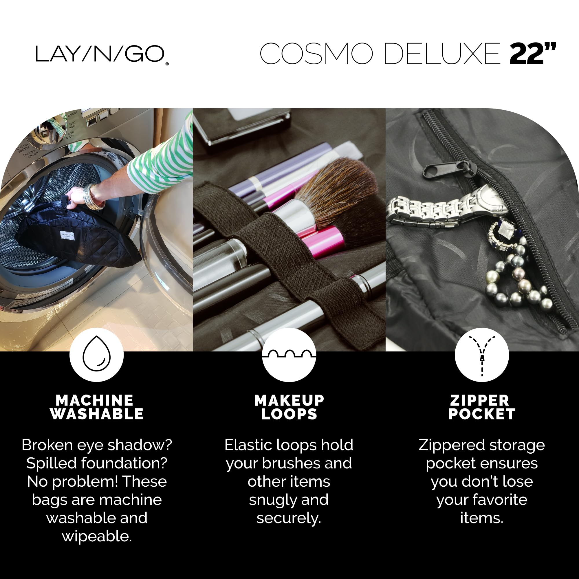 Lay-n-Go Cosmo Drawstring Cosmetic & Makeup Bag Organizer with Zipper Pocket & Makeup Loops - Durable Machine Washable Travel Makeup Pouch (22 Inches, Leopard Print) - Perfect for Travel, Gym & Daily Organization