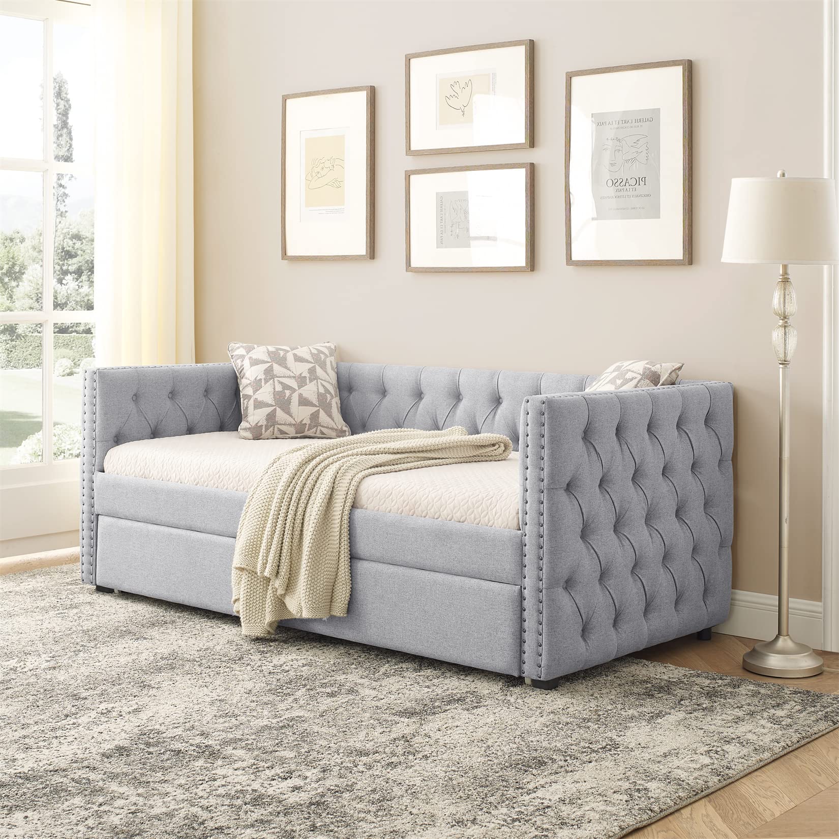 Bellemave Twin Upholstered Daybed with Trundle - Mid Century Modern Tufted Button Sofa Bed Frame with Wood Slats - Gray Twin Size Daybed for Living Room, Guest Room & Small Space