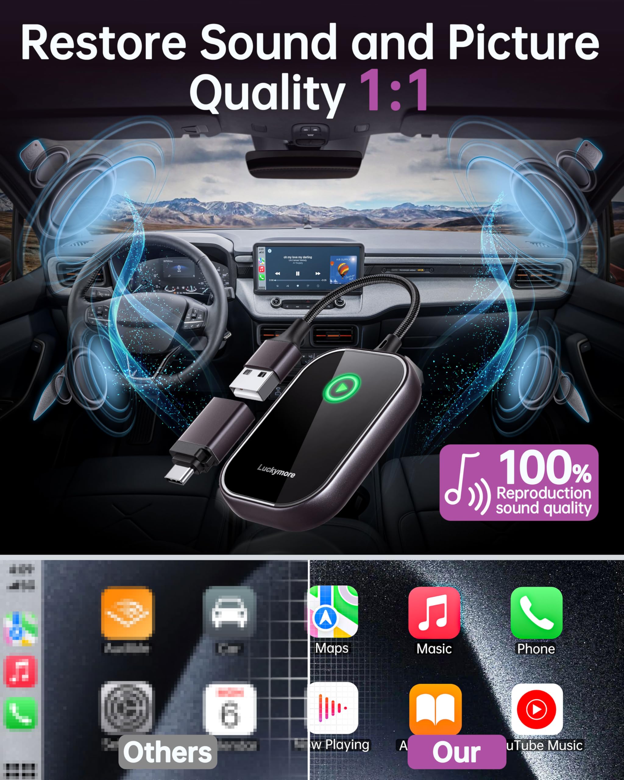 Luckymore Wireless CarPlay Adapter - Convert Wired to Wireless CarPlay Dongle for iPhone iOS 10+ | Plug & Play | Compatible with Cars 2017+ | Seamless Music & Navigation for Commuting & Road Trips