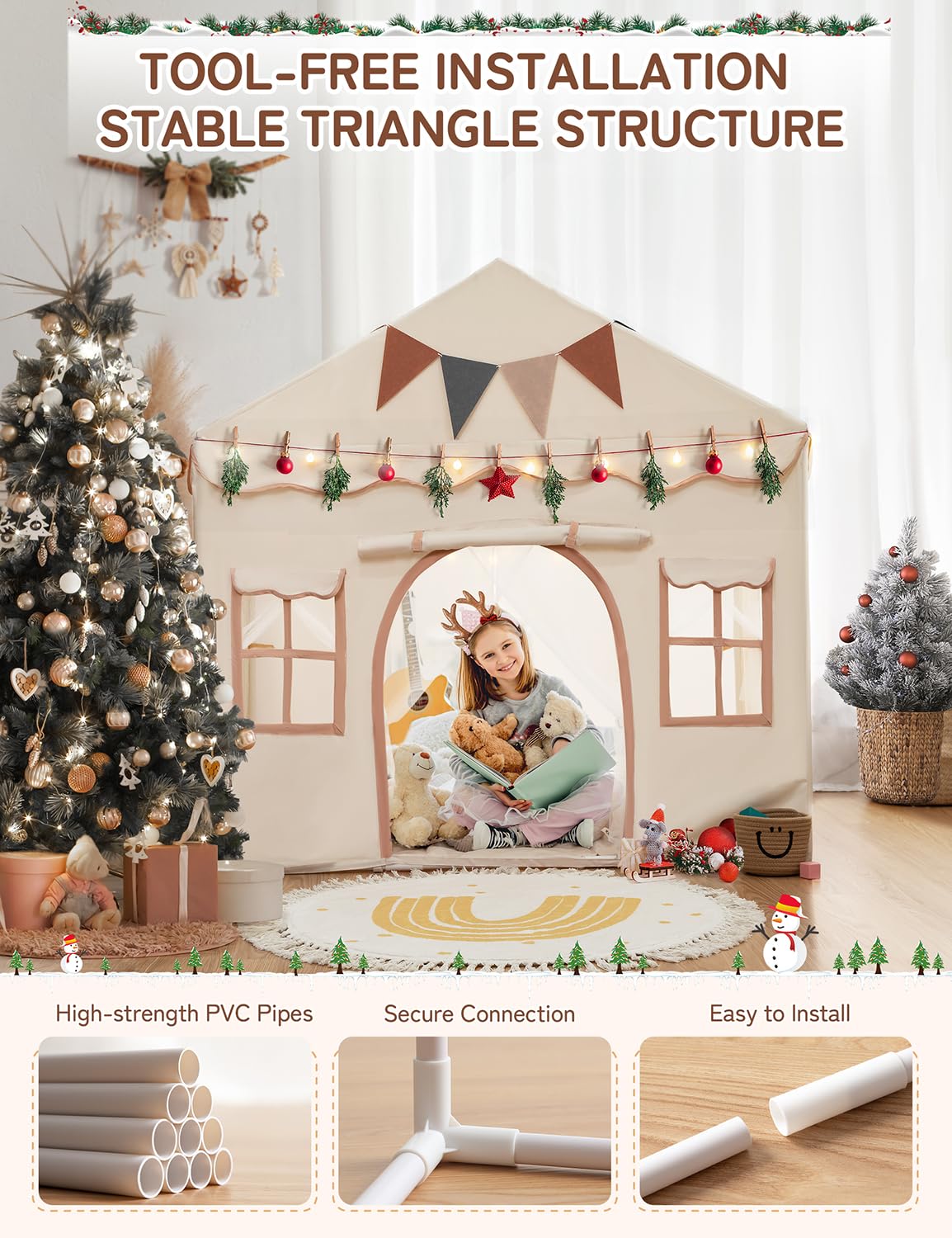 Besrey Kids Play Tent & Playhouse 2-in-1 with Padded Mat & LED Lights - Large Indoor/Outdoor Play Tent with 2 Doors & 4 Windows - 51
