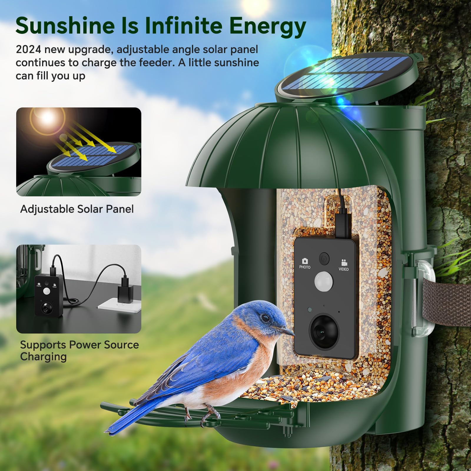 Relassy Smart Bird Feeder with Camera - Solar Powered, Waterproof, 110° Wide Angle HD Camera for Bird Watching | Auto Capture Videos & Photos | Perfect for Backyard, Garden & Nature Lovers