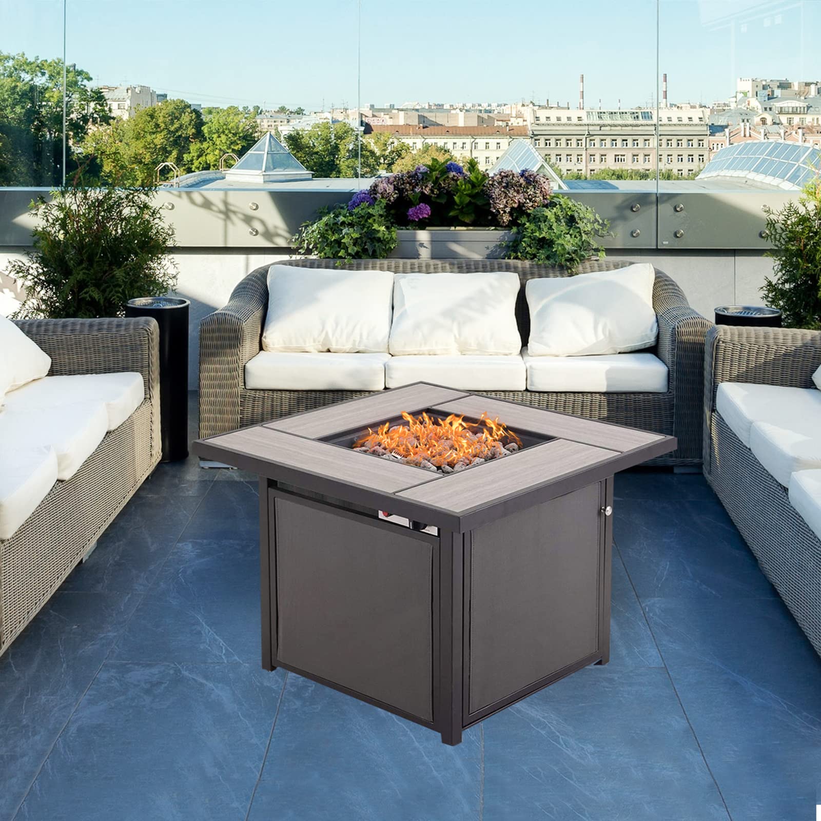 GRAND PATIO 32 Inch Outdoor Propane Fire Pit Table - CSA Certified Square Gas Fire Table with Textilene Base & Ceramic Tile Top for Patio, Backyard, and Garden Gatherings