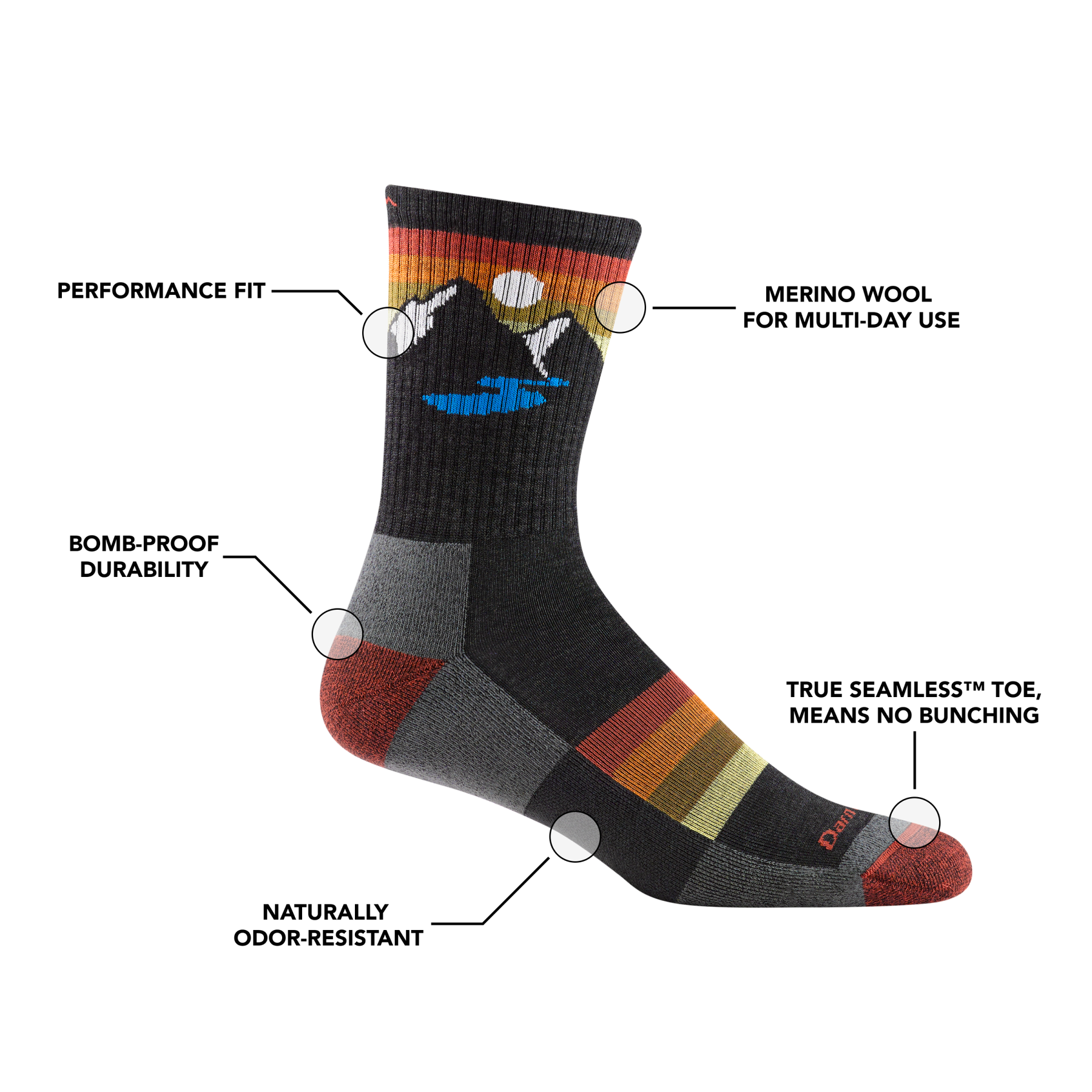 Darn Tough 1997 Sunset Ridge Micro Crew Lightweight Cushion Socks for Men - Hiking, Running & Outdoor Activities