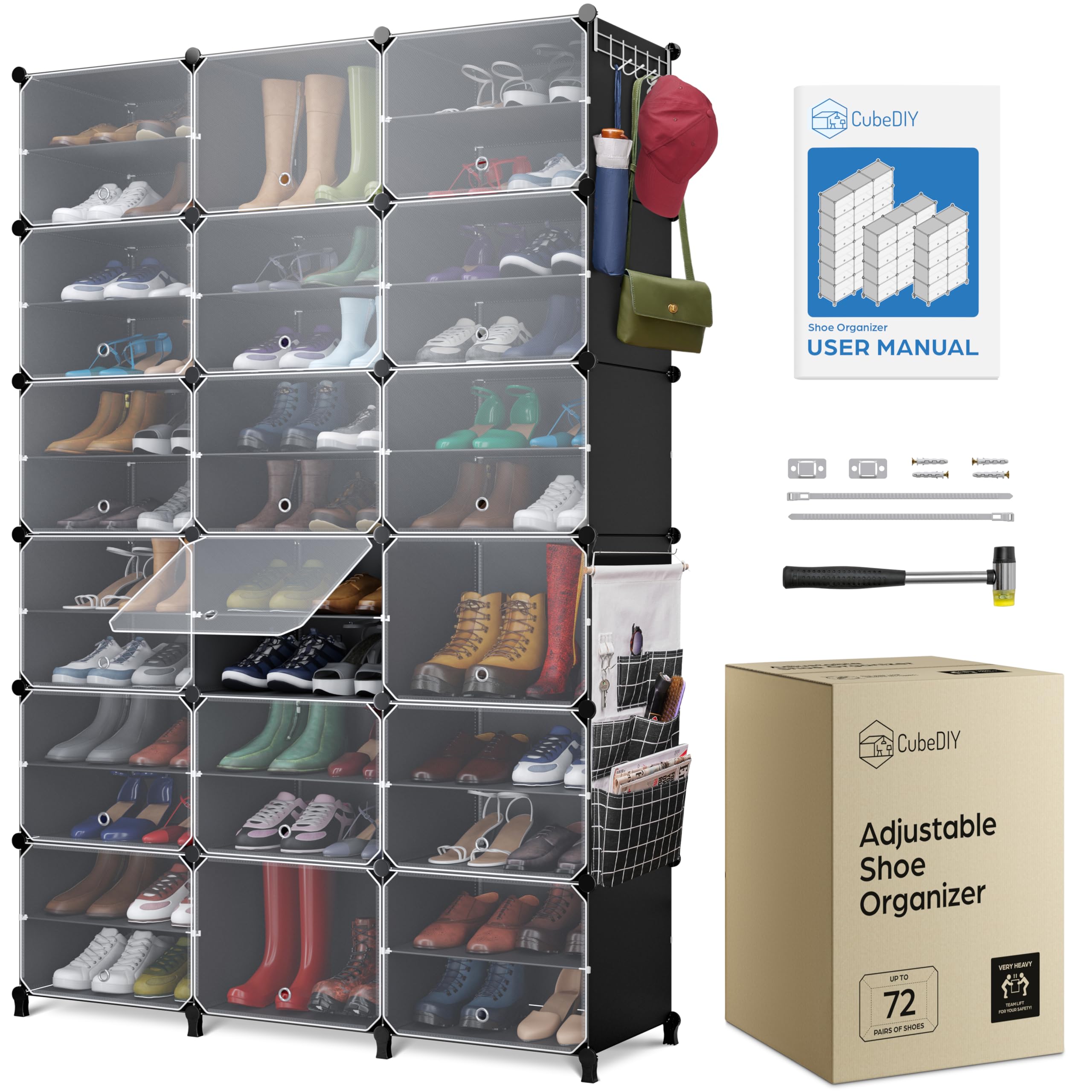 72 Pair Stackable Shoe Organizer Cabinet with Clear See-Through Doors - Plastic Shoe Storage Closet with Covers, Hooks & Pockets - Portable Shoe Rack for Closet, Entryway or Bedroom Organization (Black)