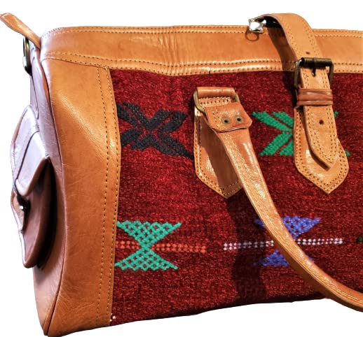Vintage Red Kilim & Genuine Leather Travel Bag - Durable Handmade Carry-On for Weekend Getaways & Adventure Trips