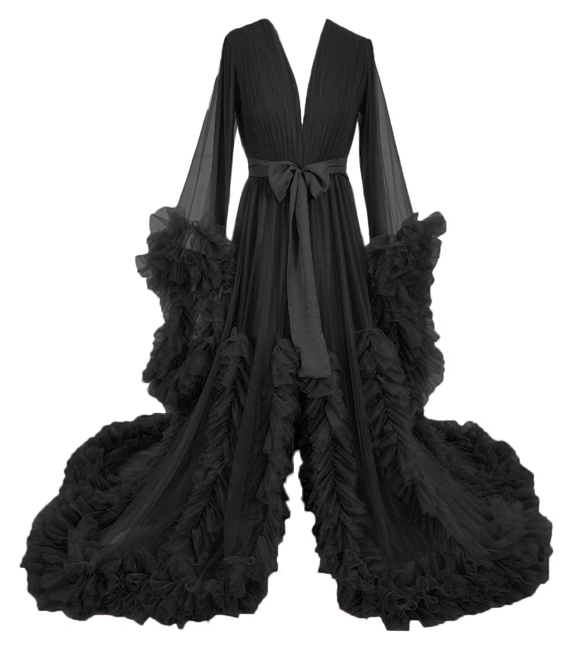 Elegant Long Wedding Scarf Illusion Nightgown Feather Robe Sheer Puffy Dress for Bridal Party, Boudoir Photography & Romantic Getaways