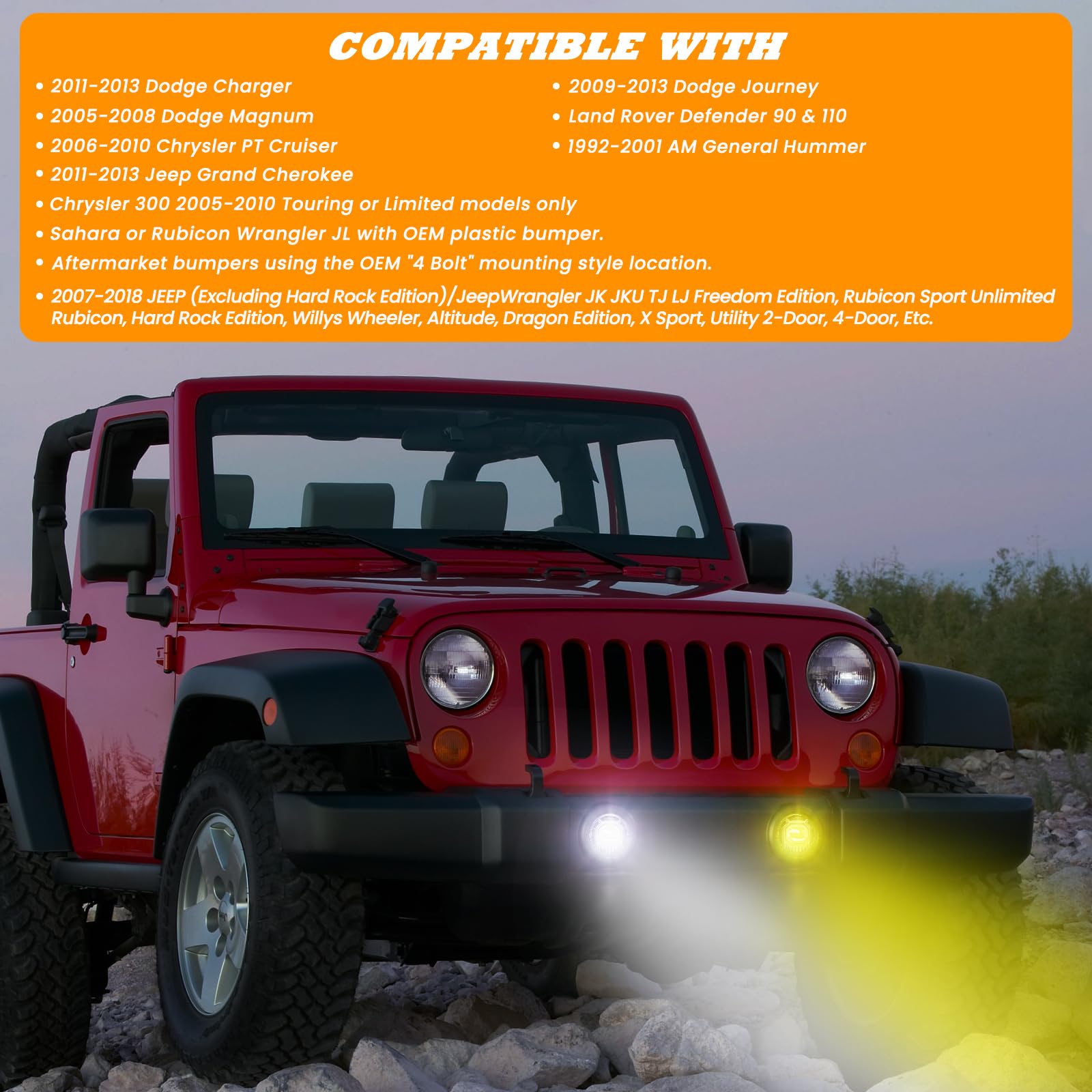 4 Inch Round LED Fog Lights for 2007-2024 Jeep Wrangler JK JKU JLU - 60W White/Amber Off-Road Lamps - DOT Approved Black Front Bumper Light Assembly - Perfect for Night Driving & Off-Road Adventures